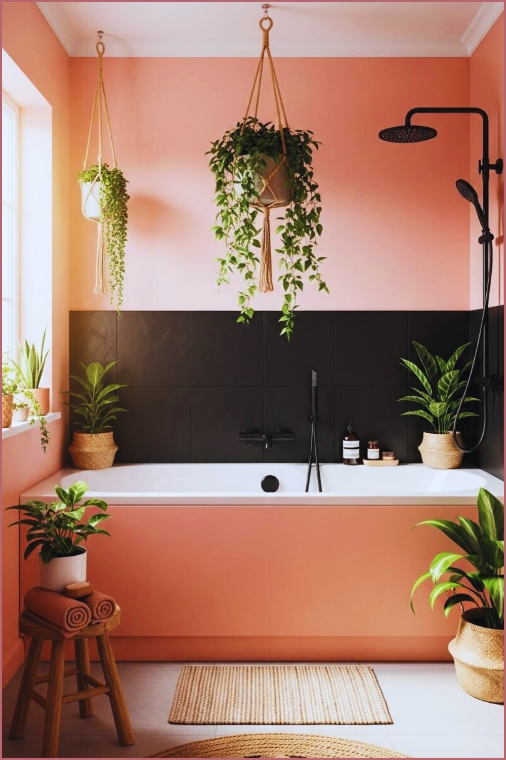 Pink Freestanding Bathtub Matte Black Tile Wall Soft Blush Pink