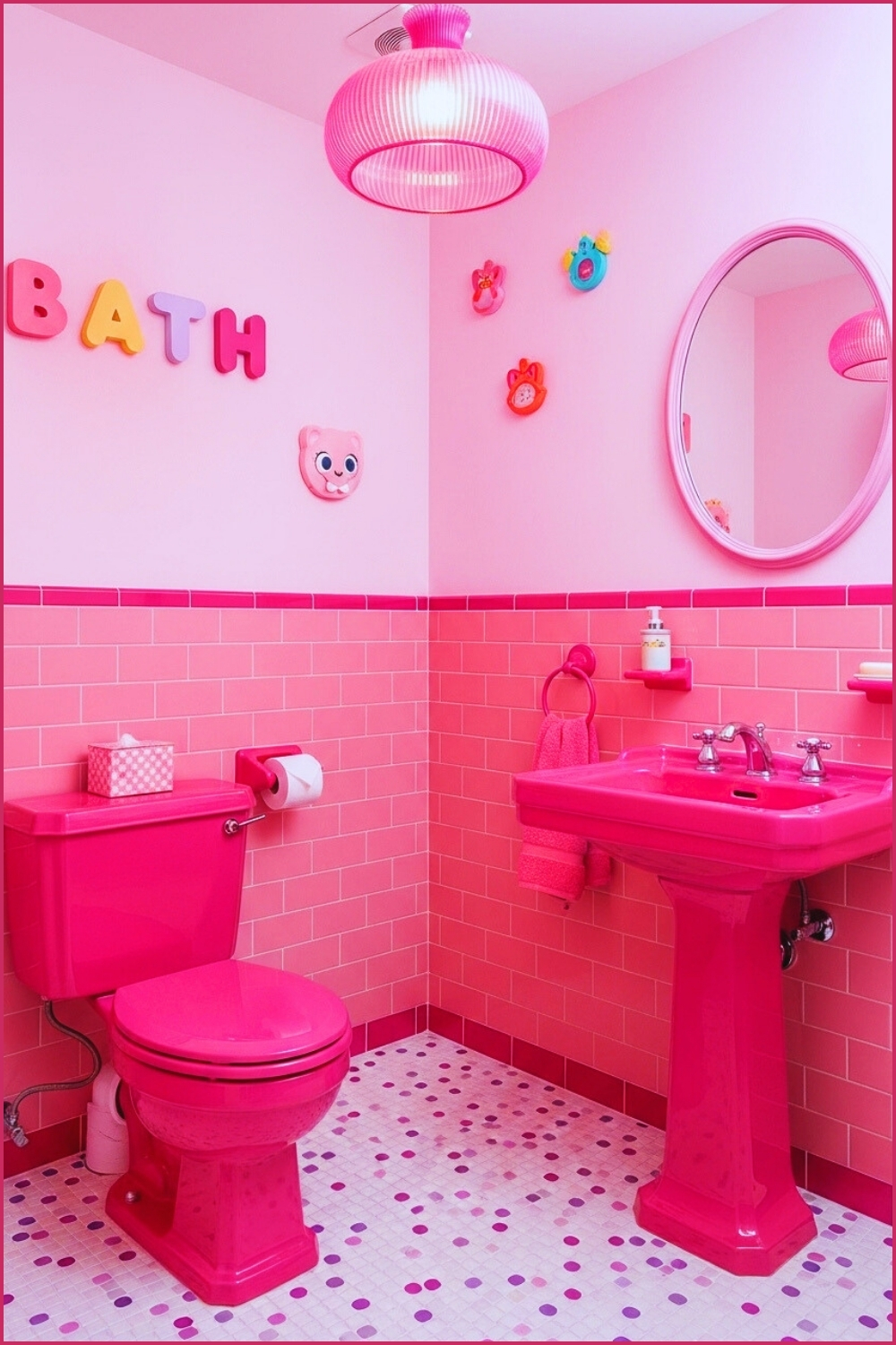 Playful Bright Pink Bathroom, Pastel Walls, Hot Pink Pedestal