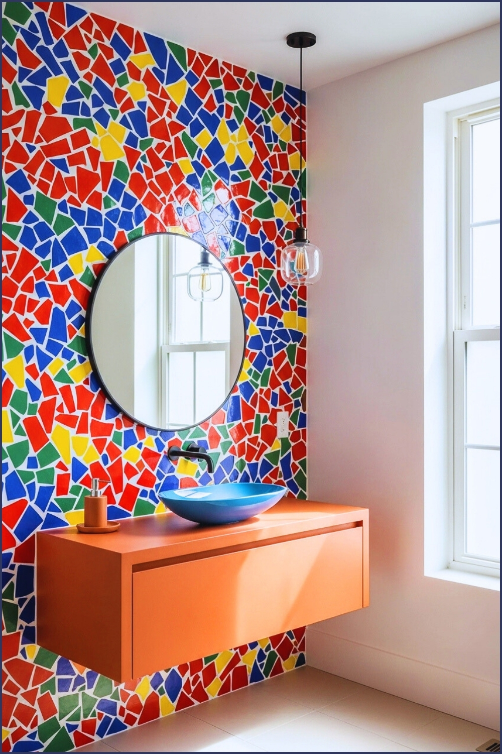 Playful Modern Bathroom With Colorful Irregular Mosaic Tile Accent