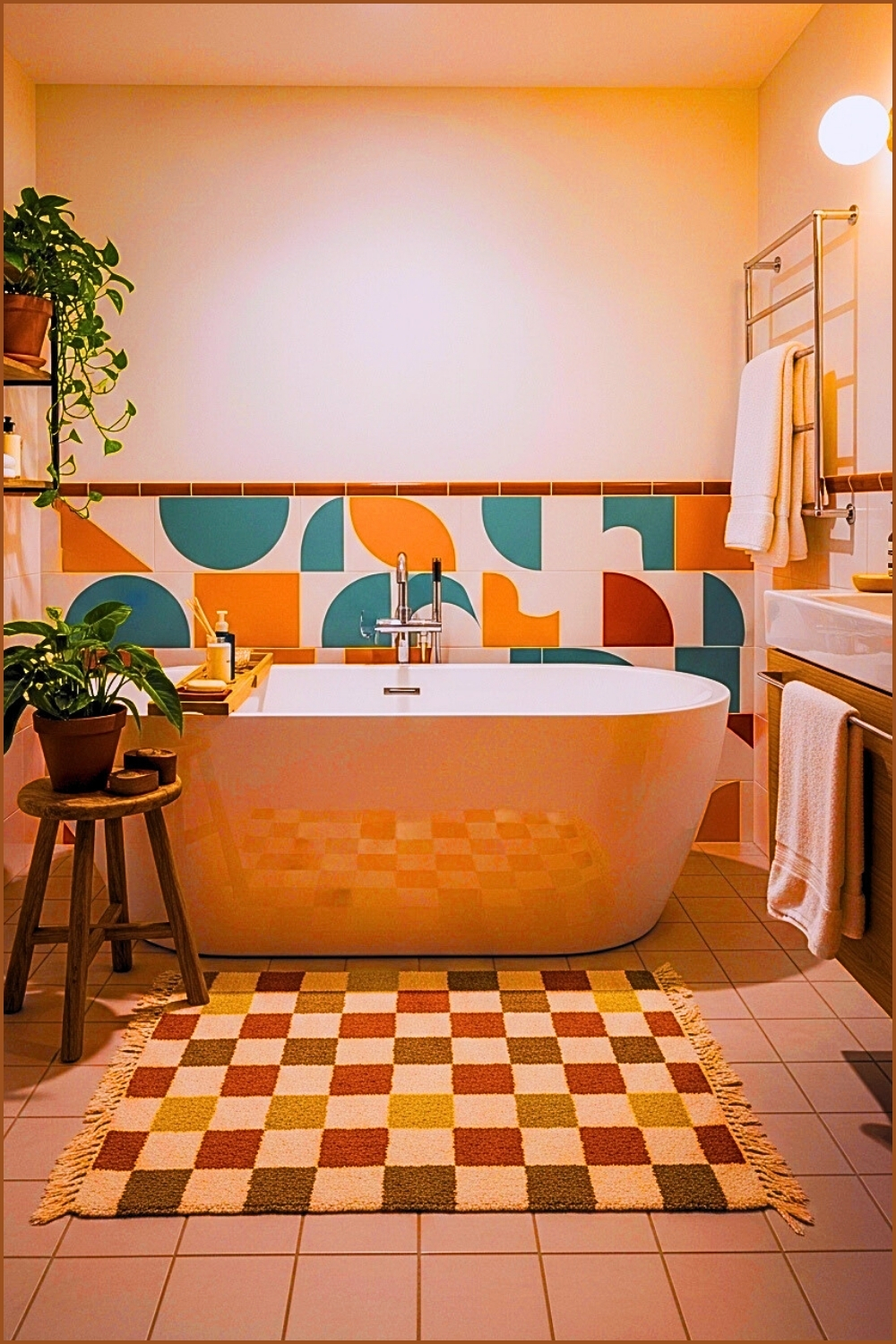 Playful Retro Modern Bathroom With A White Freestanding Tub Colorful