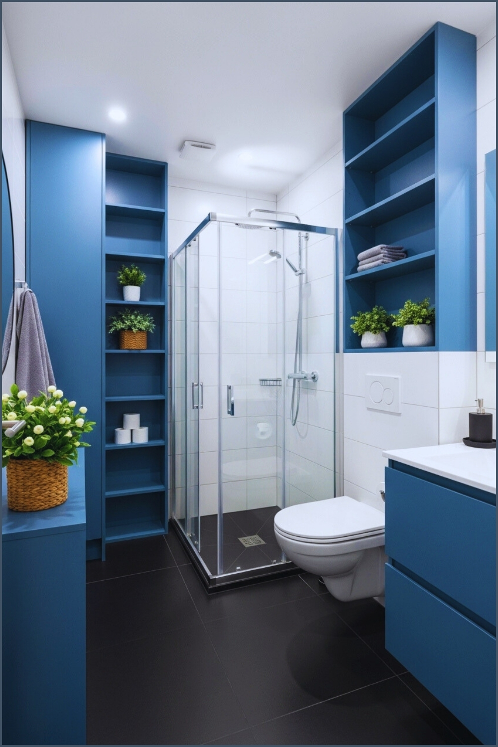 Practical Modern Bathroom With Blue Cabinetry And Shelving
