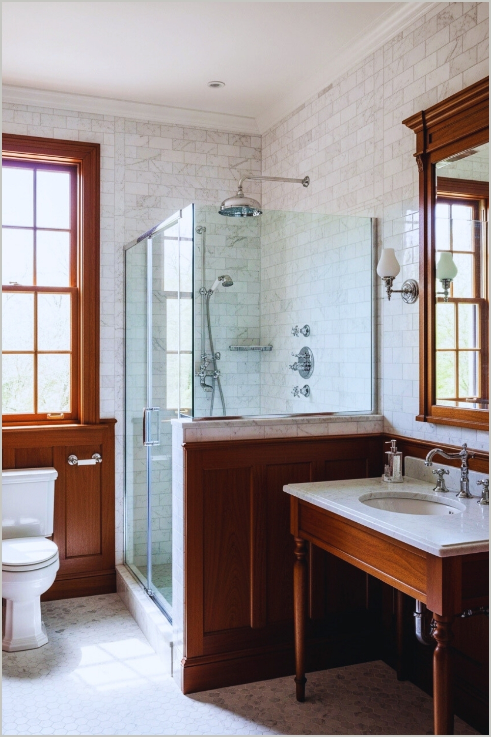 Raditional Bathroom With Dark Wood Half Wall Paneling