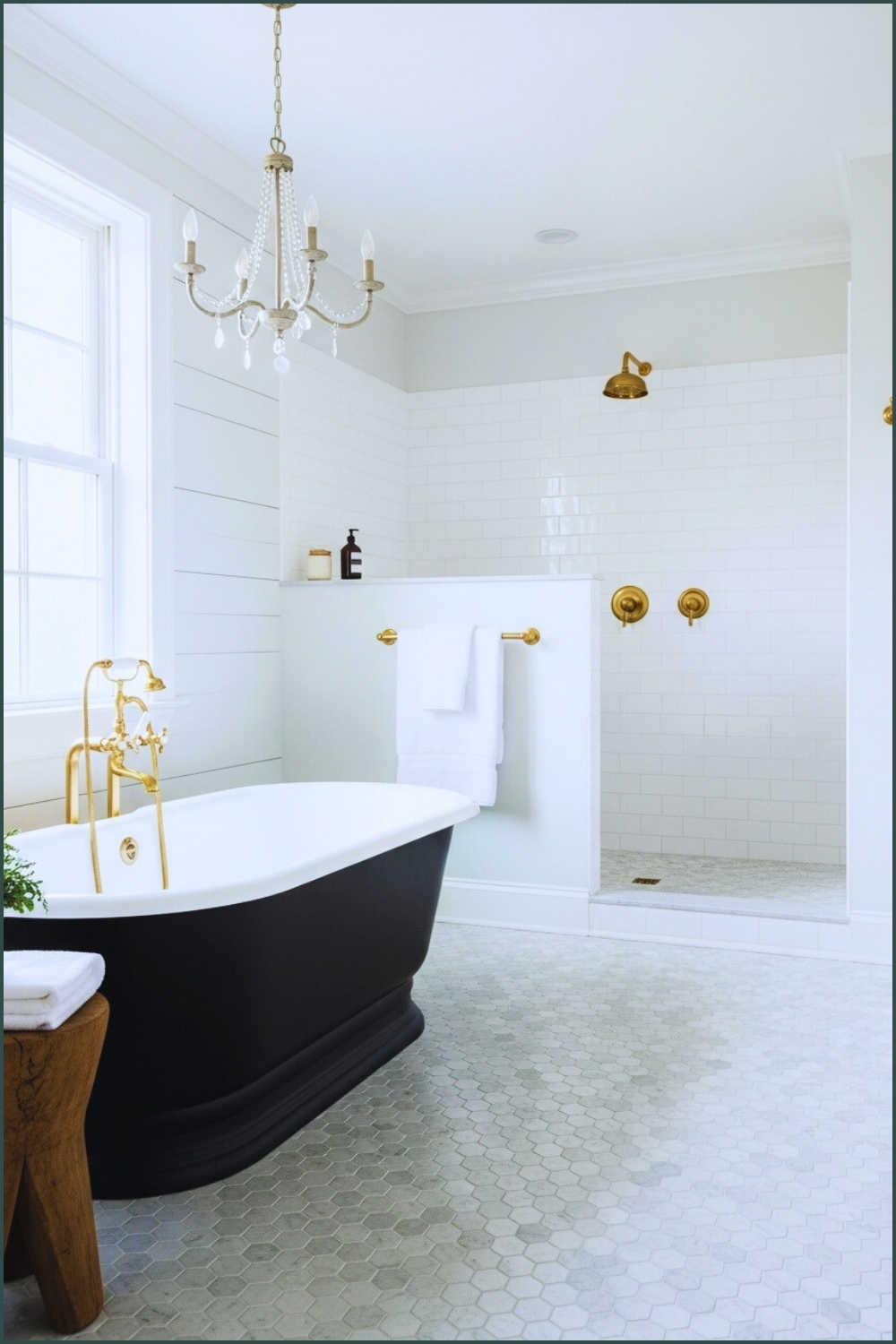 Refined Farmhouse Bathroom With Black Clawfoot Tub
