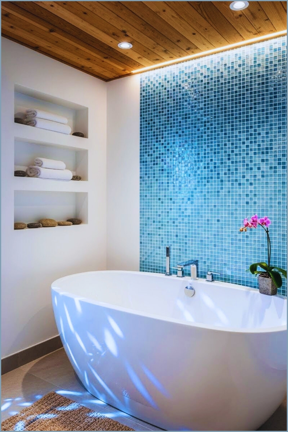 Relaxing Spa Bathroom With Blue Mosaic Tile Accent Wall