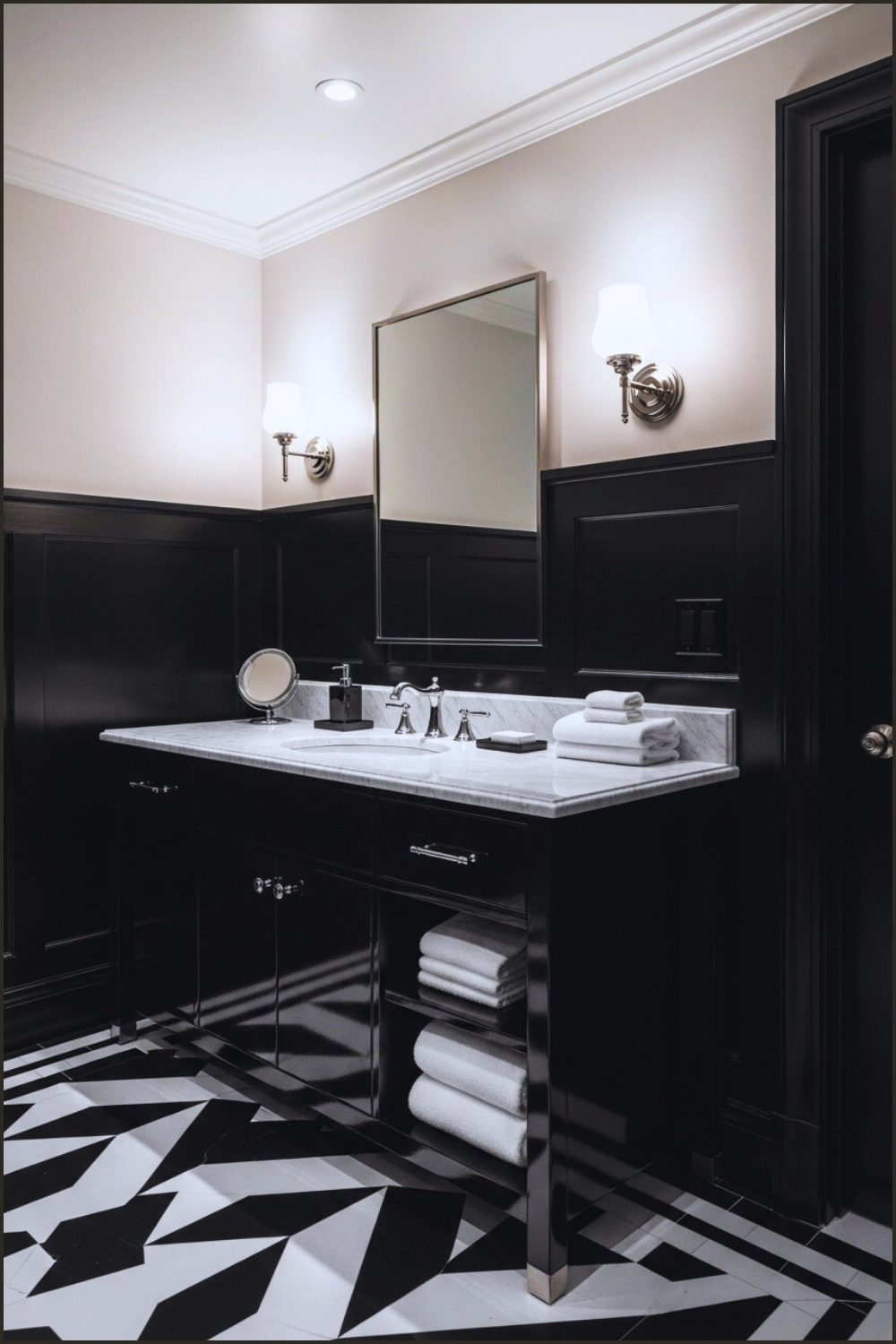 Retro Black And White Bathroom, Glossy Black Vanity