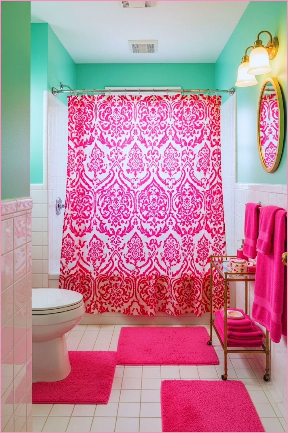 Retro Pink Bathroom, Bold Hot Pink And White Damask Shower