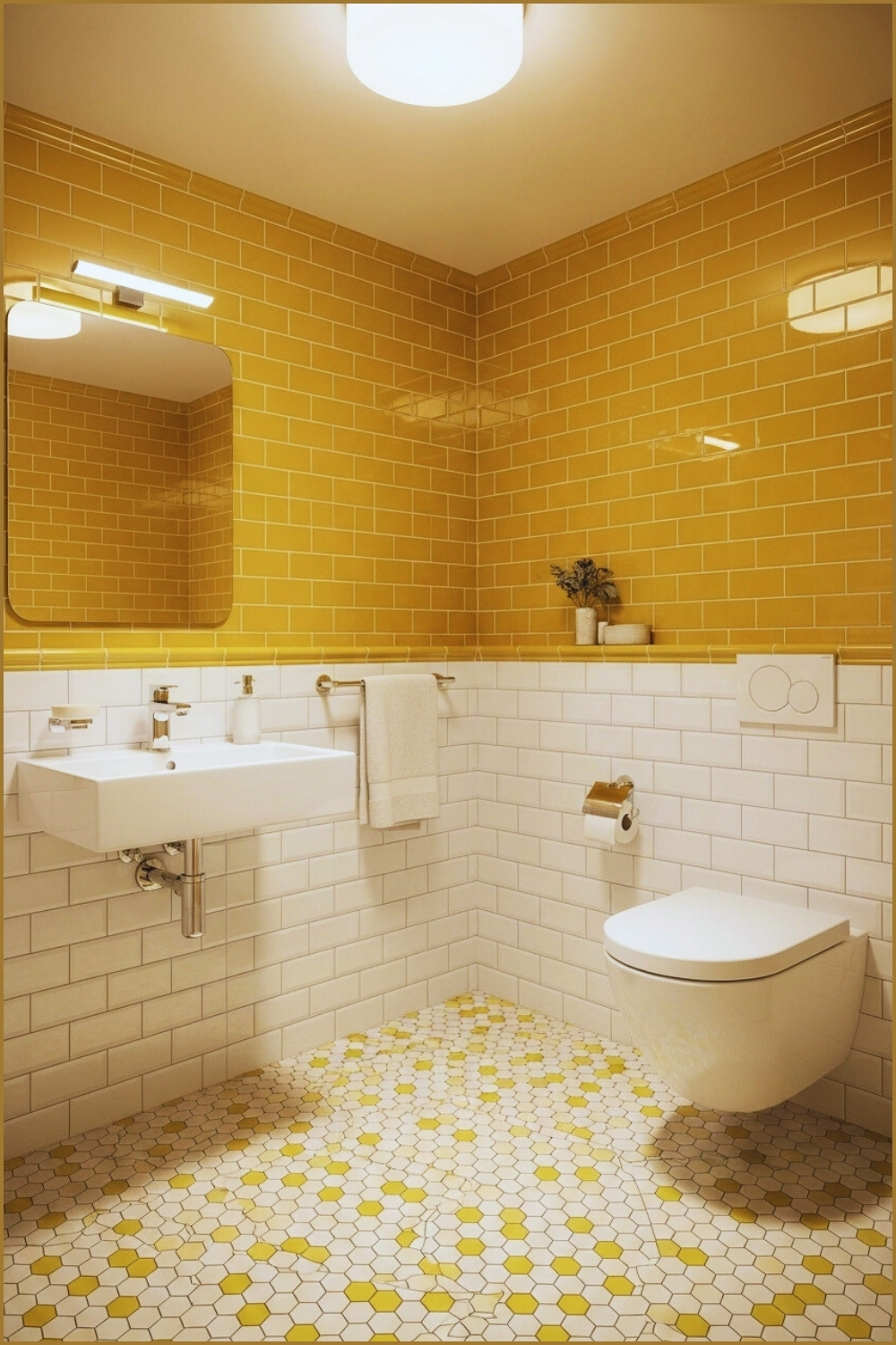 Retro-inspired Bathroom With Glossy Mustard Yellow Subway Tiles