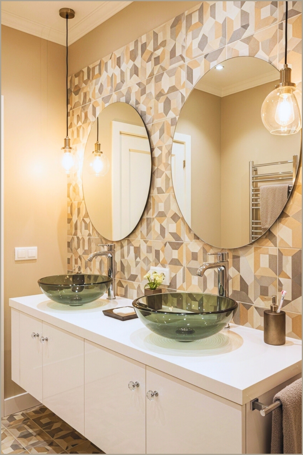 Retro-modern Bathroom With Geometric Patterned Wall Tiles