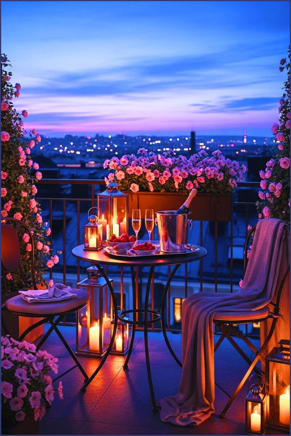 Romantic Balcony With Small Bistro Set Soft Pink Flowers