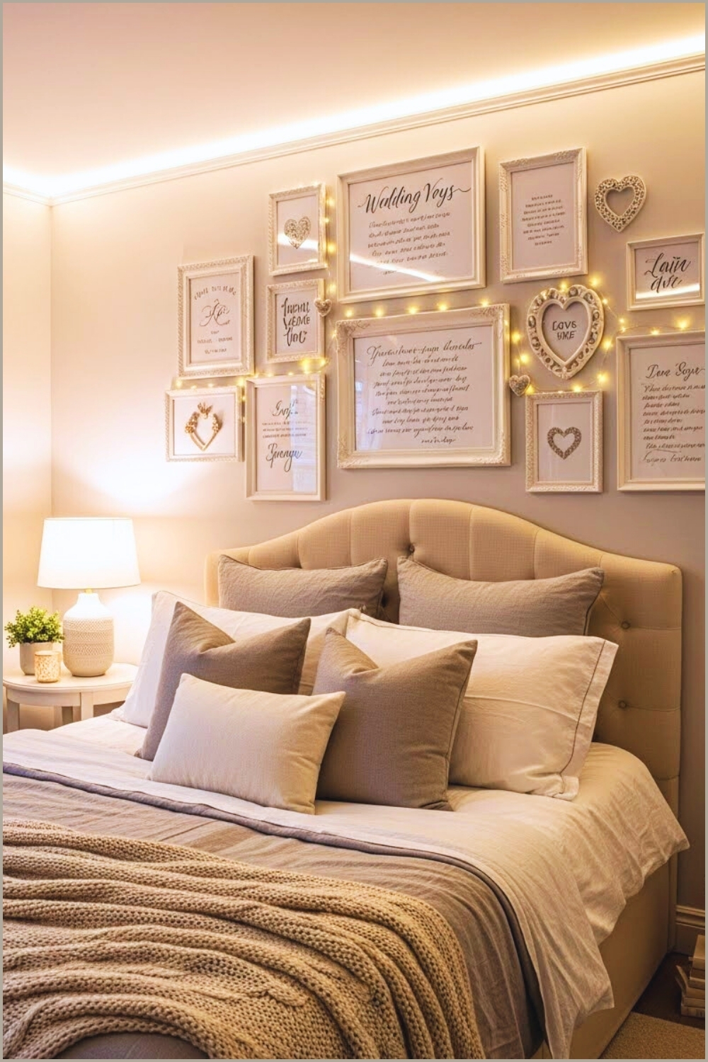 Romantic Bedroom Gallery Wall Featuring Wedding Vows