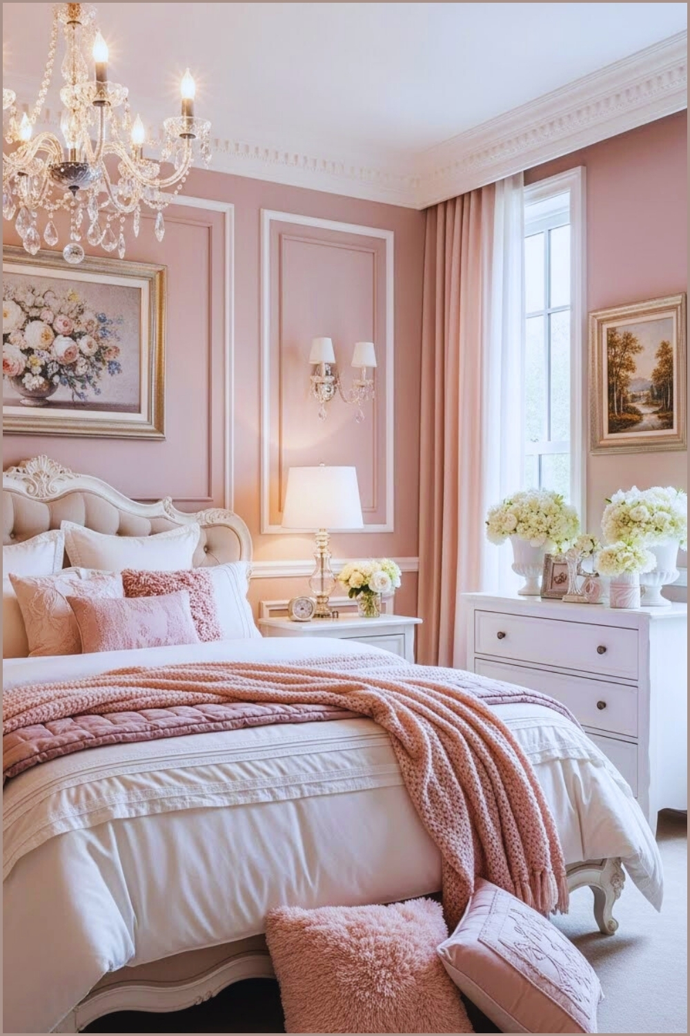 Romantic blush luxury bedroom interior, soft dusty-rose walls