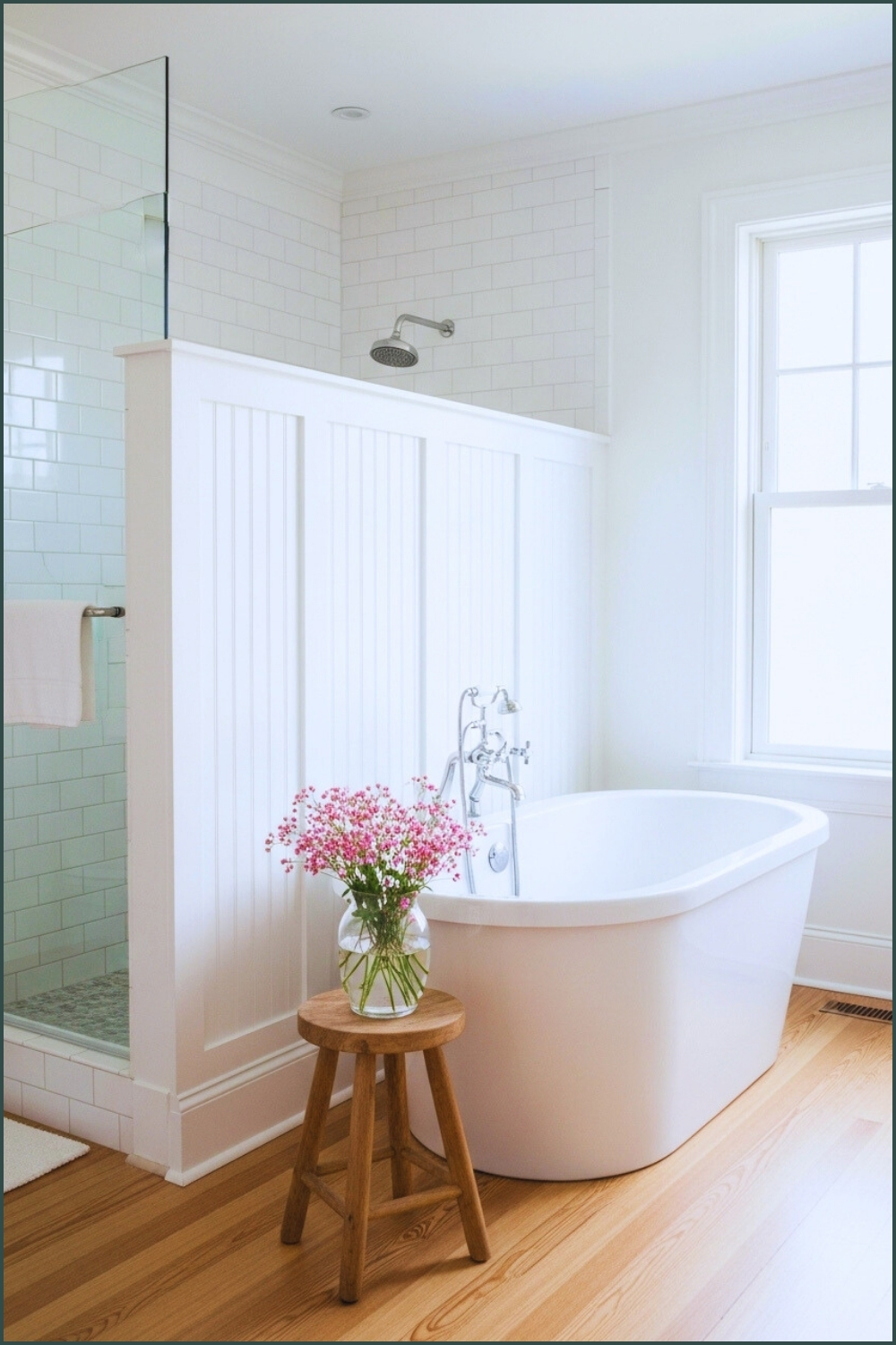 Romantic Bright White Bathroom With Paneled Half Wall Shower