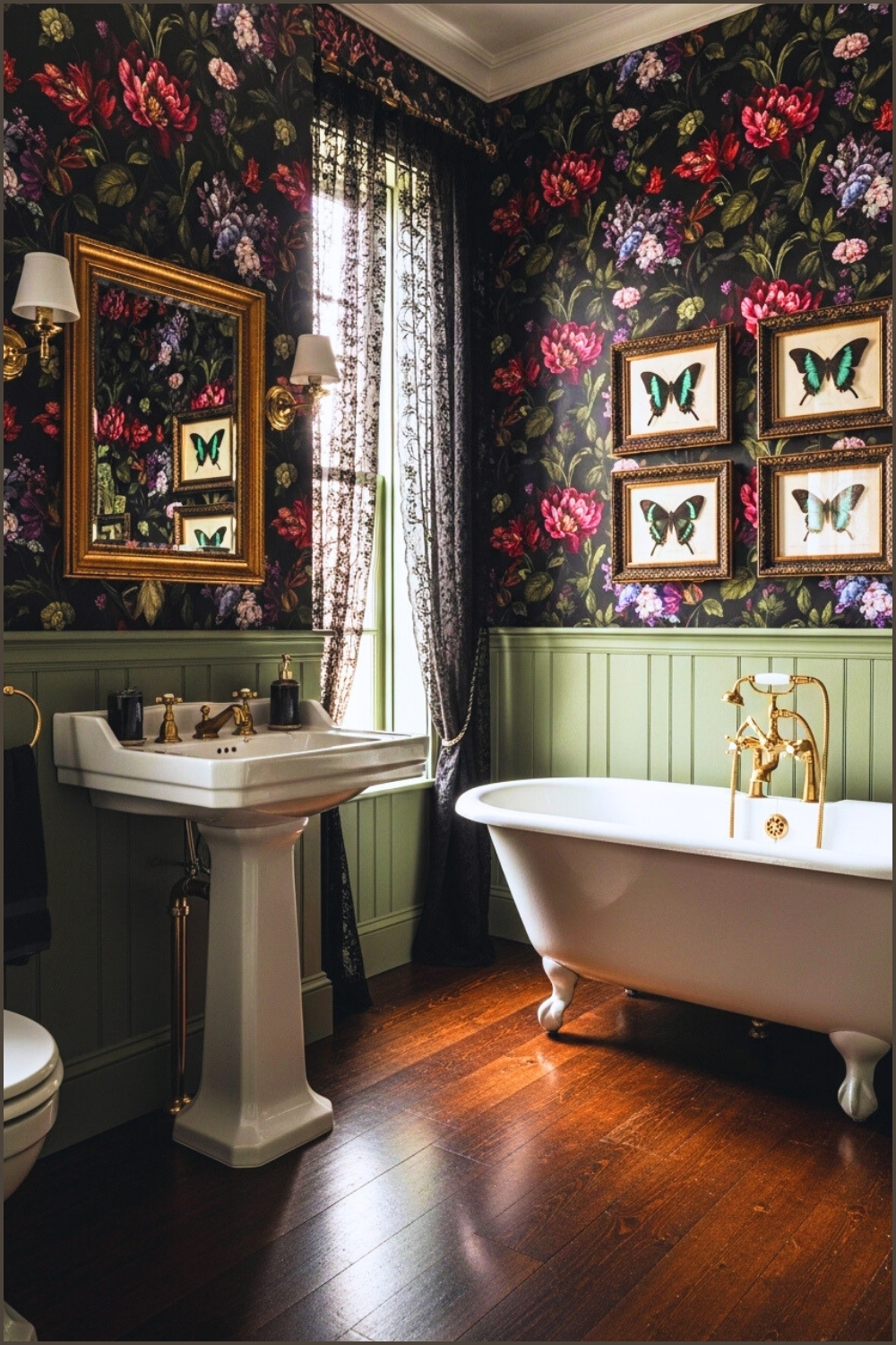 Romantic Floral Gothic Bathroom, Black Floral Wallpaper