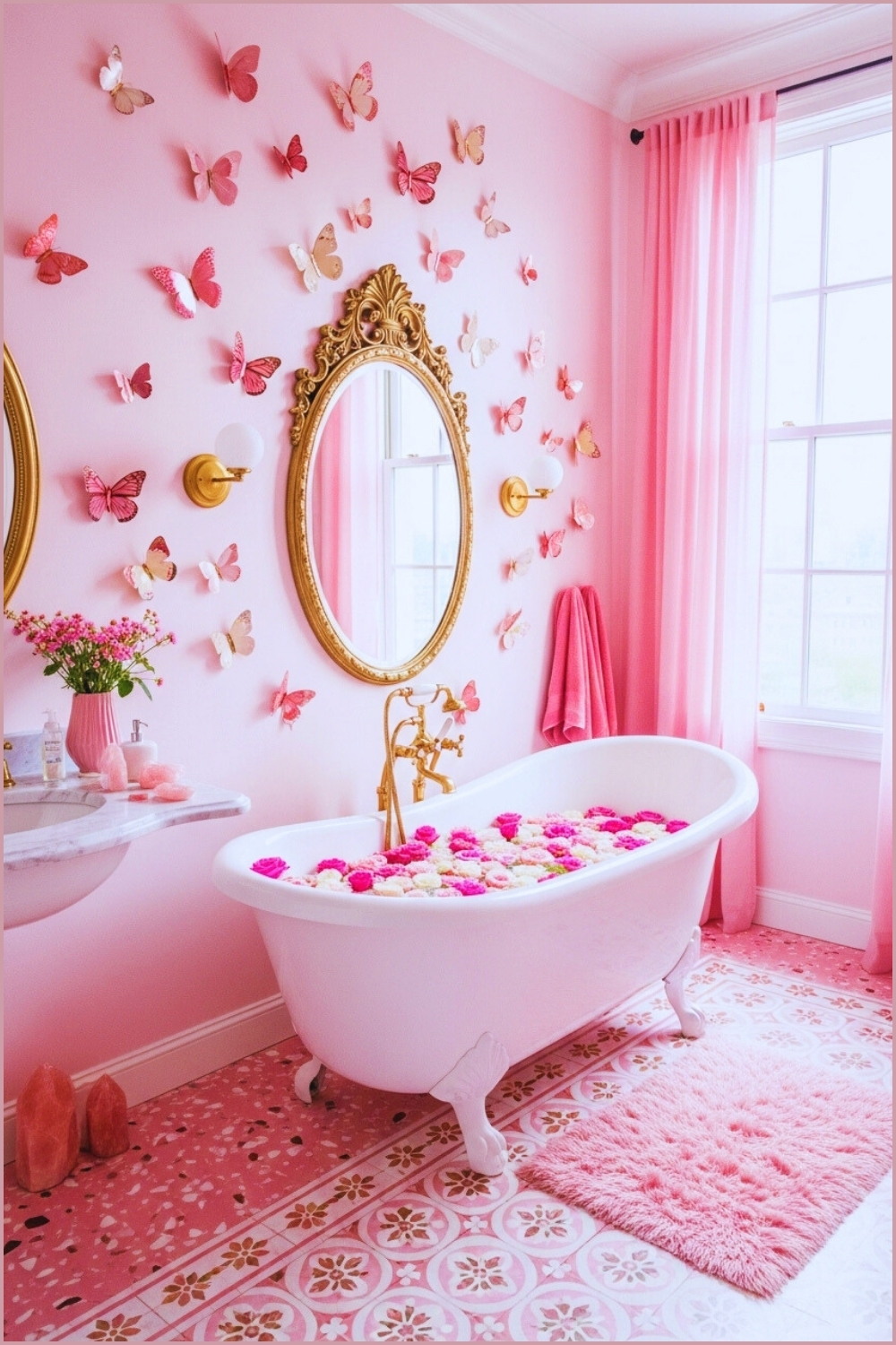 Romantic Pink Bathroom With Butterfly Wall Decorations In Various Sizes