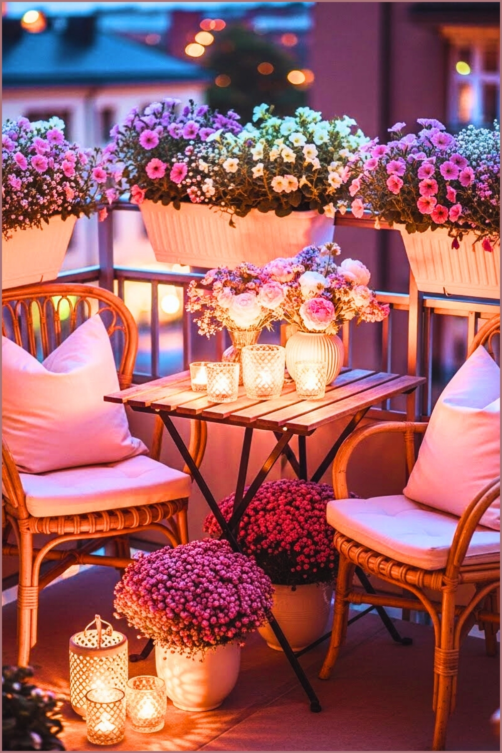 Romantic Small Balcony With Wooden Bistro Table