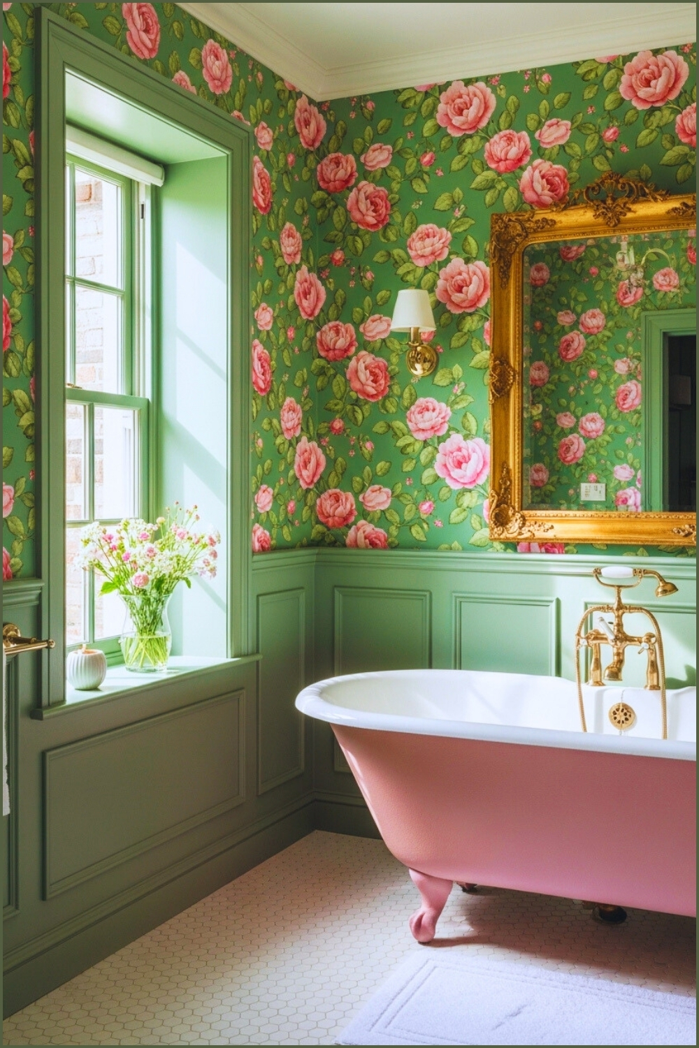Romantic Vintage Bathroom With Green Floral Wallpaper
