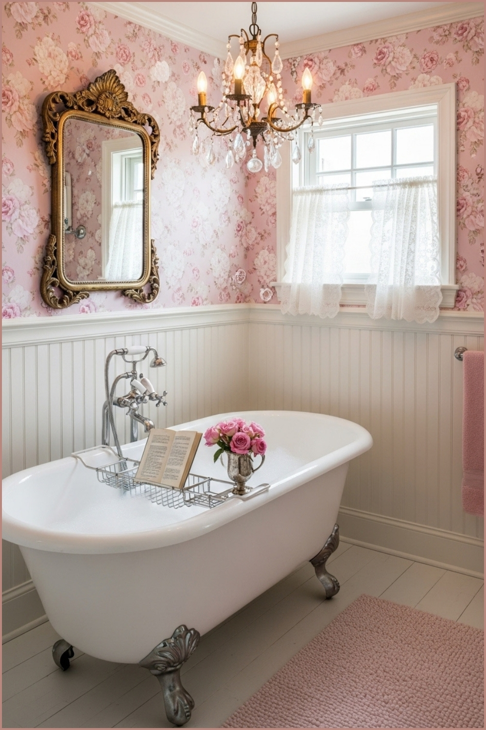Romantic Vintage Bathroom With Pink Floral Wallpaper, Freestanding