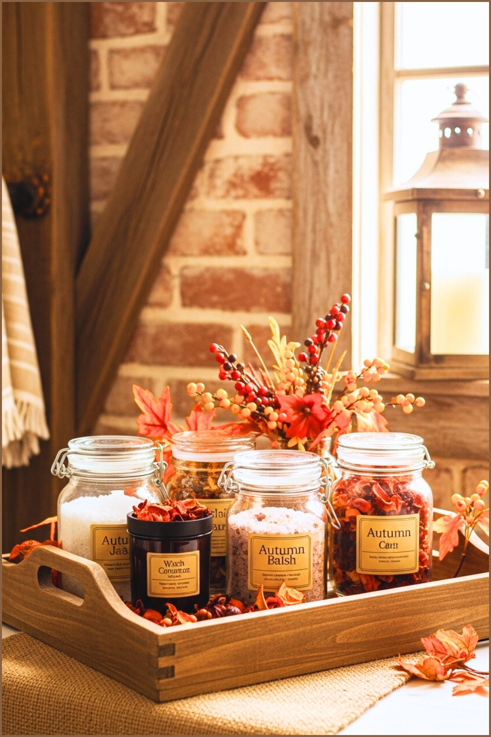 Rustic Autumn Bathroom Decor Featuring A Wooden Tray