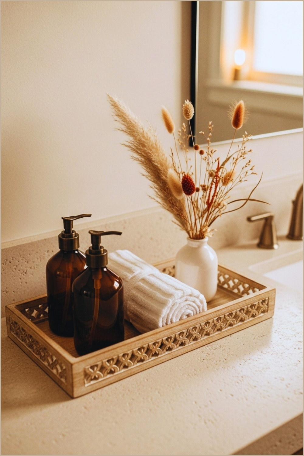 Rustic Bathroom Countertop Styling, Neutral Beige Decor