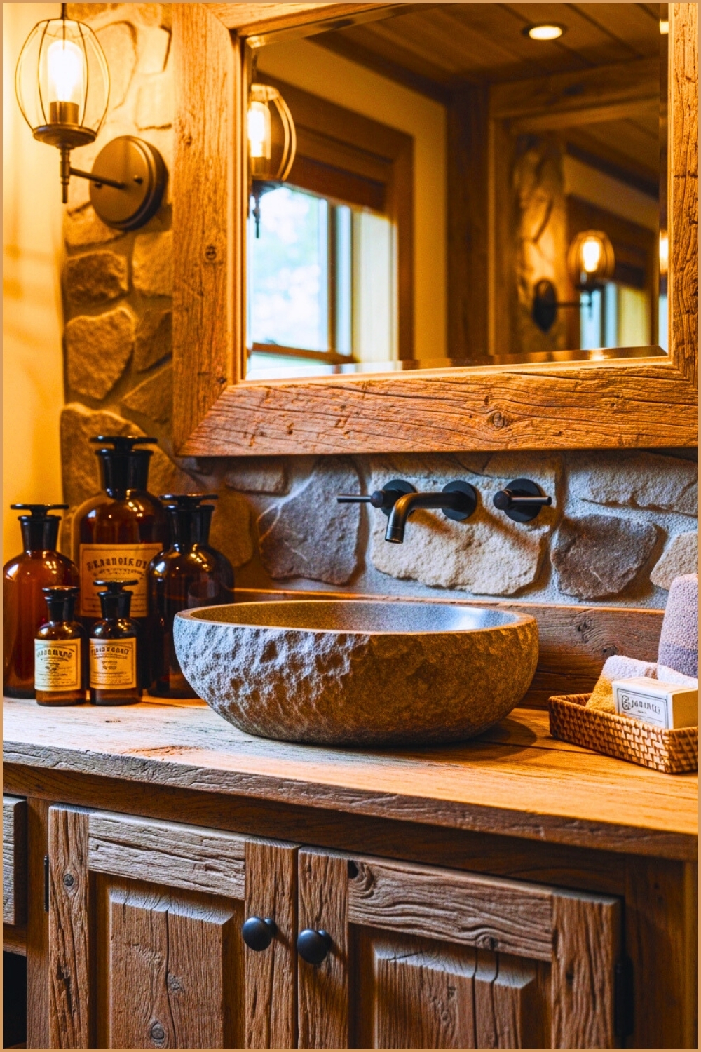 Rustic Bathroom Vanity Close Up With Weathered Wood Cabinetry