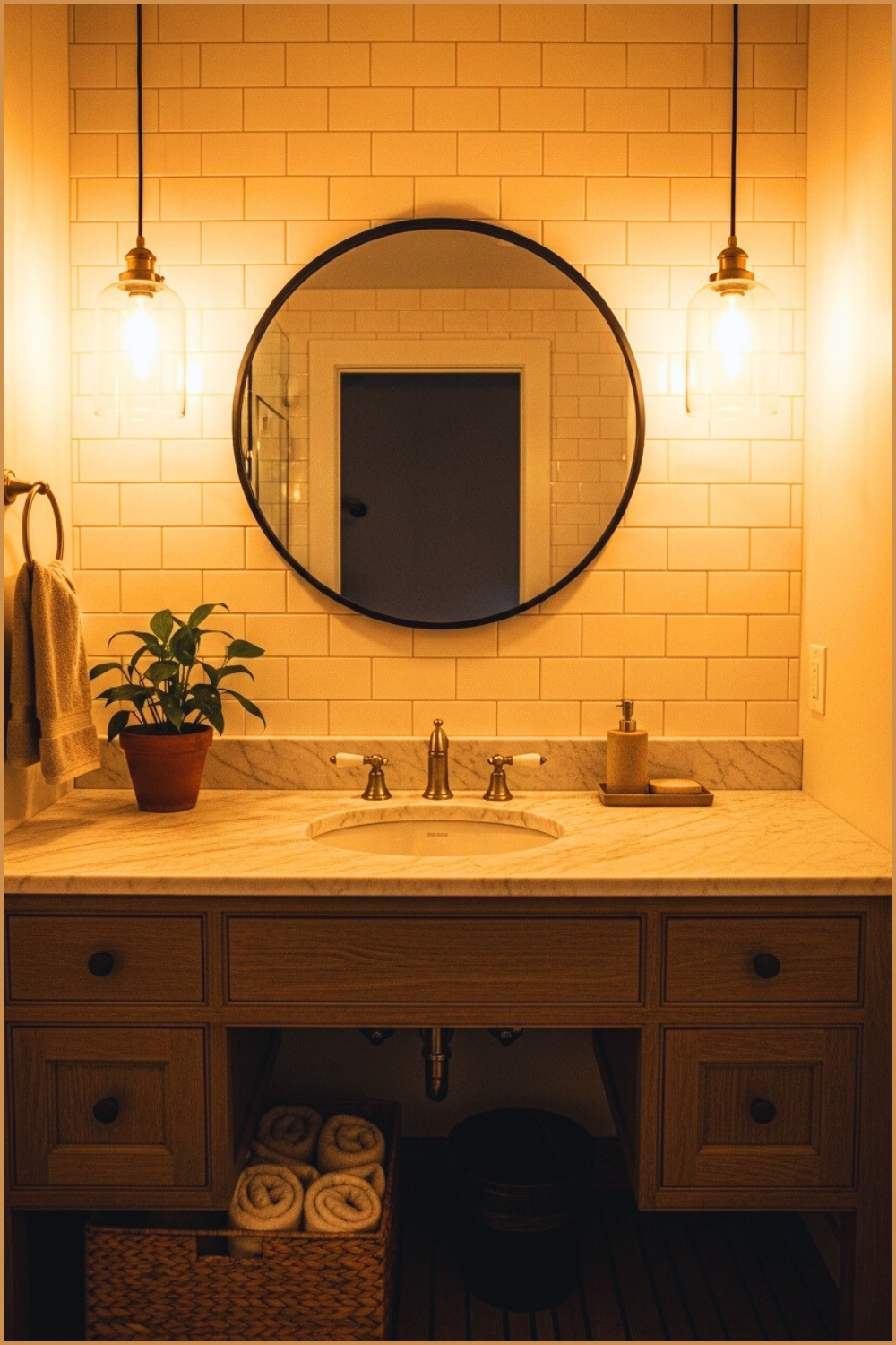 Rustic Bathroom Vanity With Wooden Cabinetry, White Subway-tiled Walls