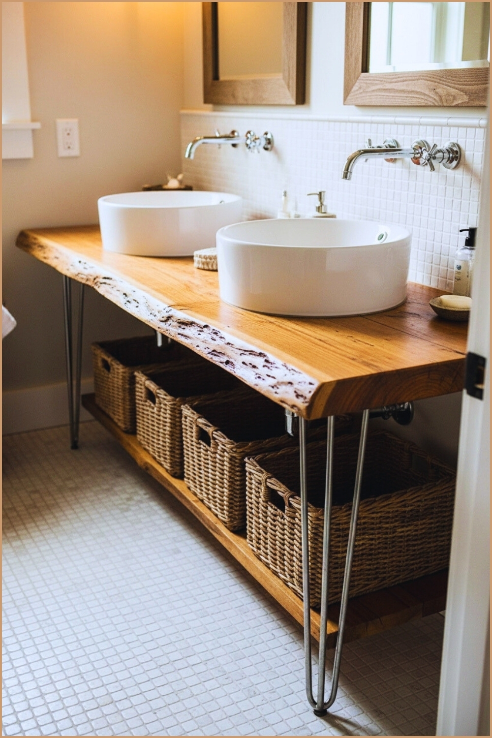 Rustic Bathroom With A Thick Reclaimed Wood Slab Vanity