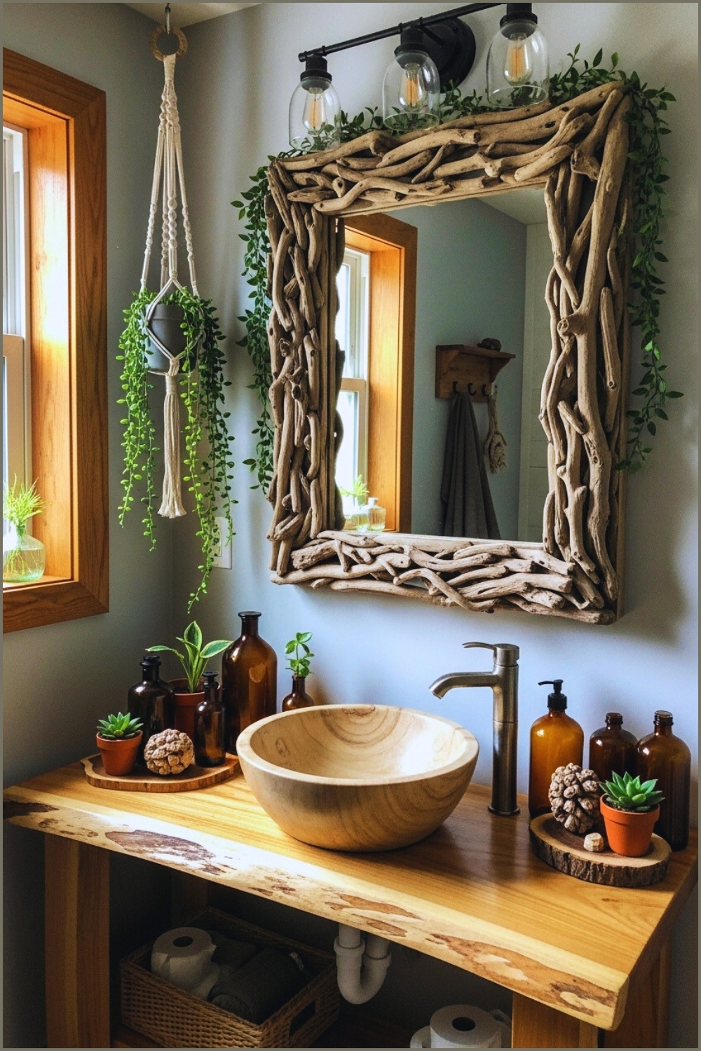Rustic Boho Bathroom, Handcrafted Driftwood Mirror Frame