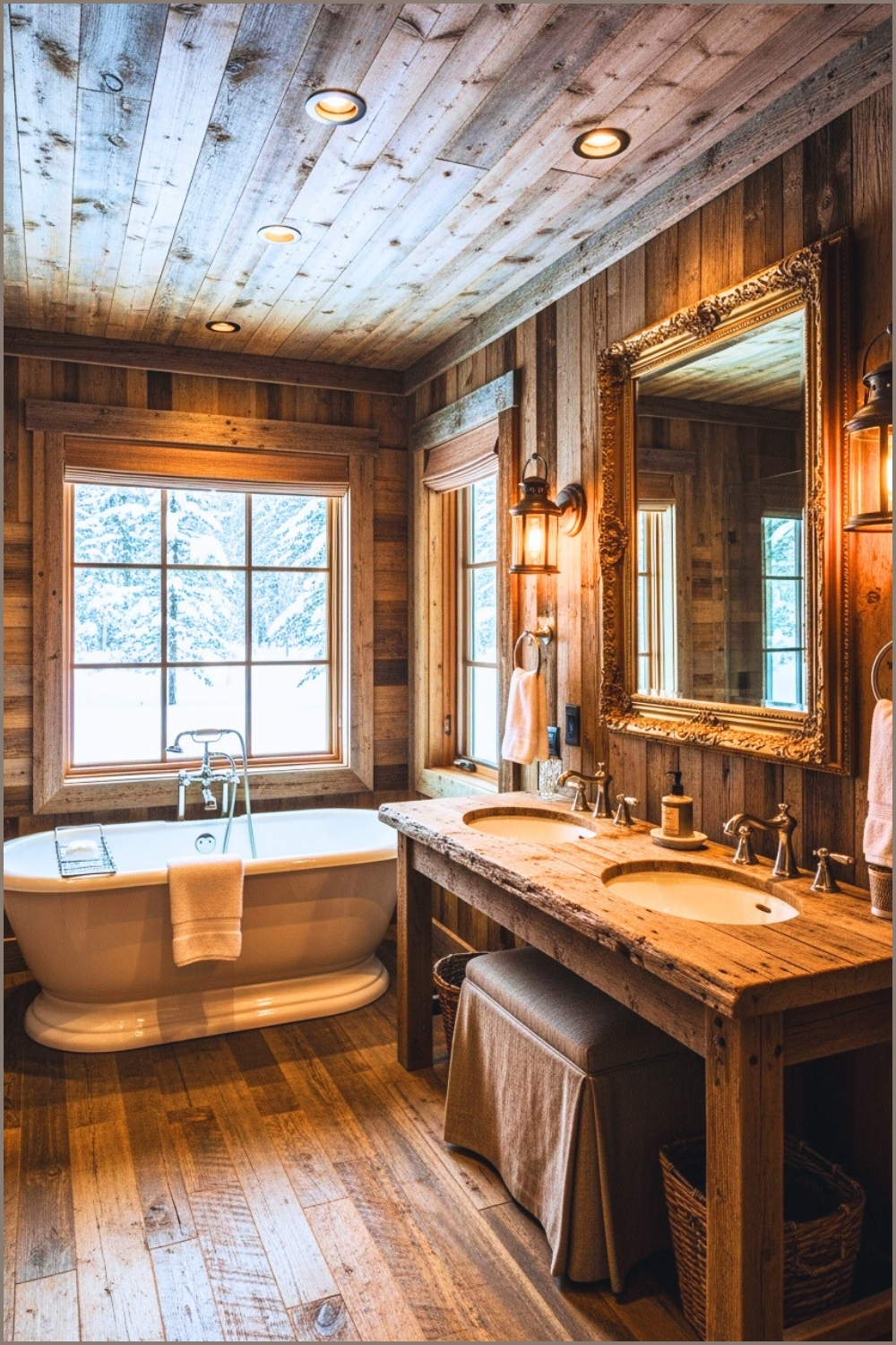 Rustic cabin bathroom fully clad in reclaimed wood