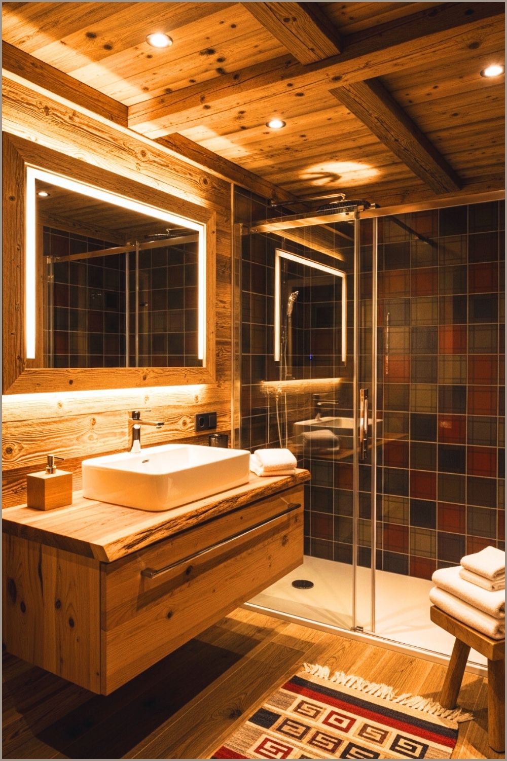 Rustic Chalet Style Bathroom With Warm Natural Wood Walls