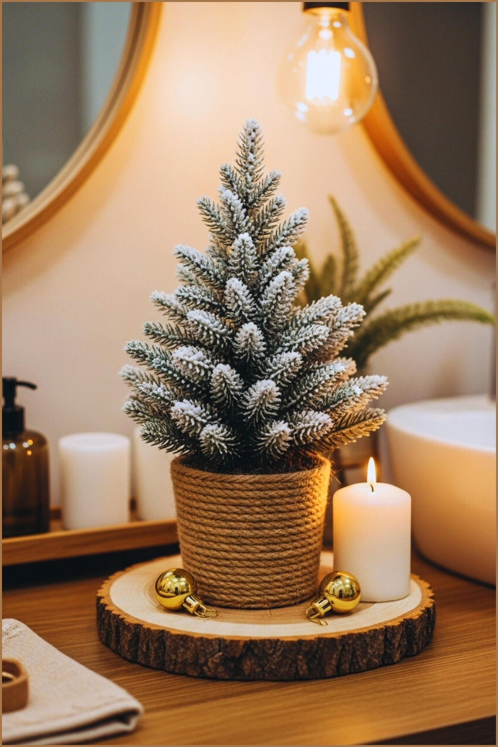 Rustic Christmas Bathroom Décor, Mini Snowy Pine Tree In Rope-wrapped Planter