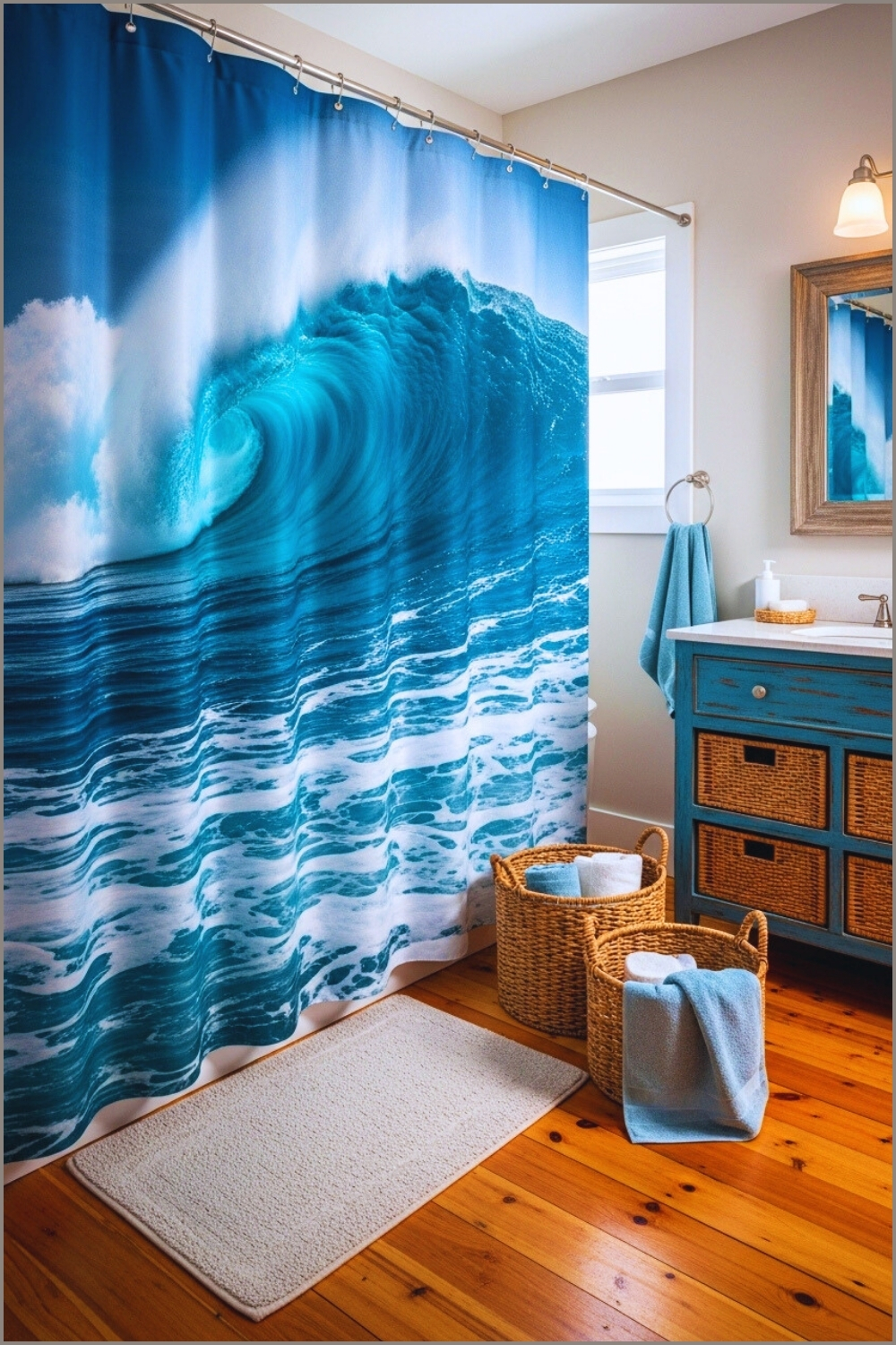 Rustic Coastal Bathroom Interior Featuring A Dramatic Shower