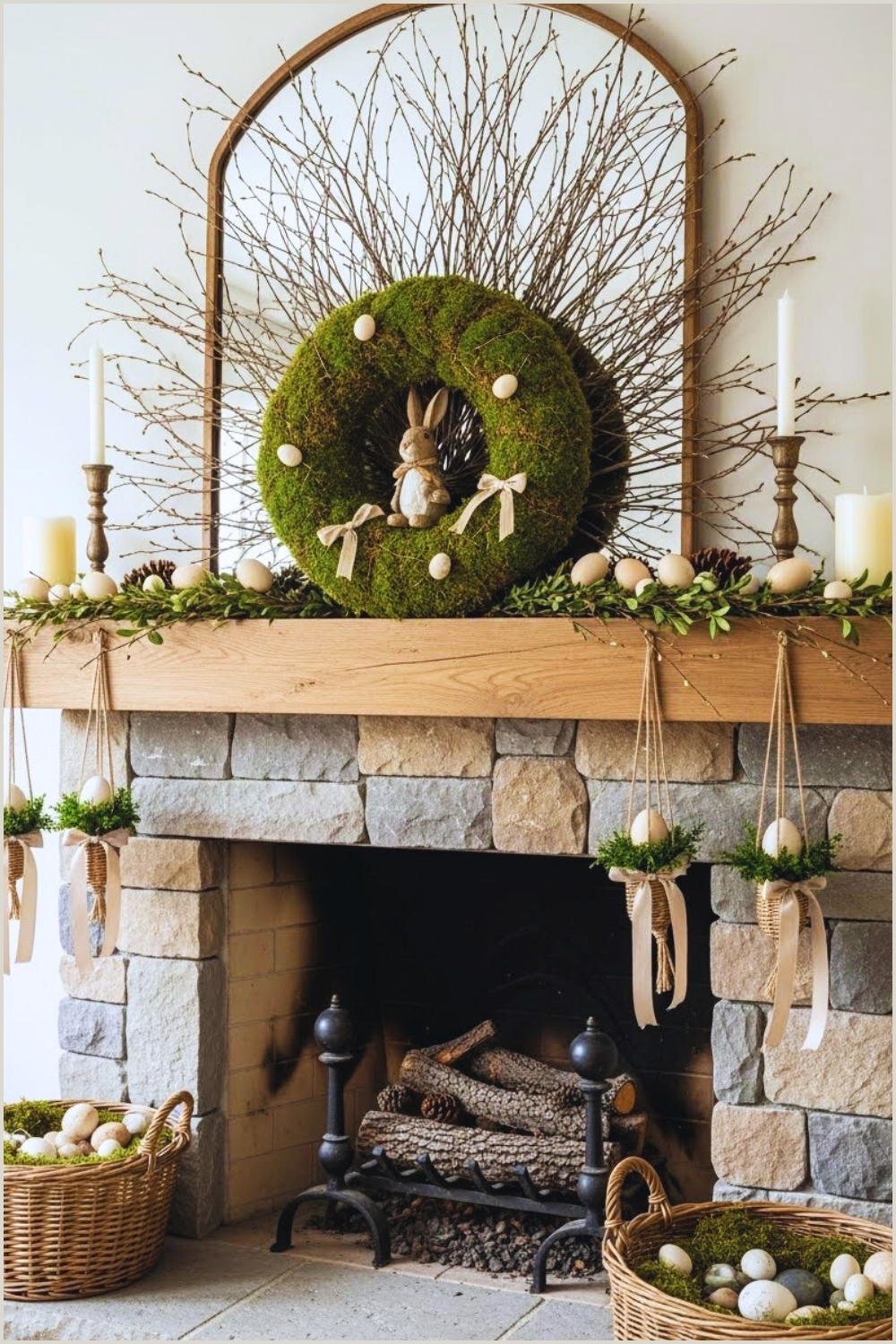 Rustic Easter Fireplace Decorated With Natural Elements