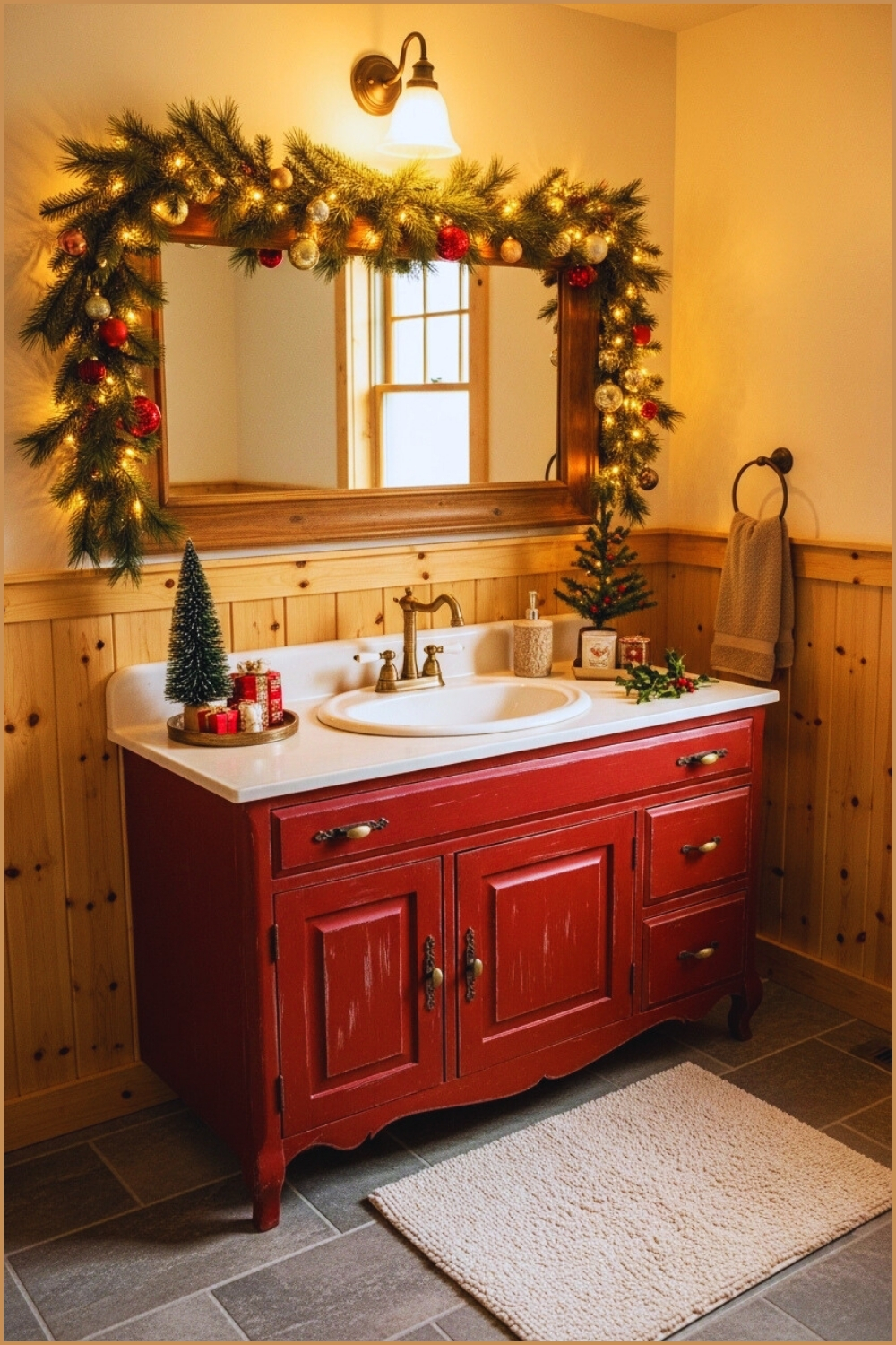 Rustic Farmhouse Bathroom Featuring Vintage Red Vanity