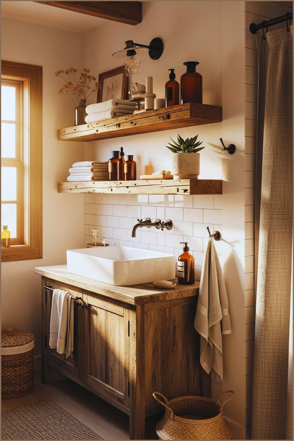 Rustic Farmhouse Bathroom, Thick Reclaimed Wood Floating Shelves