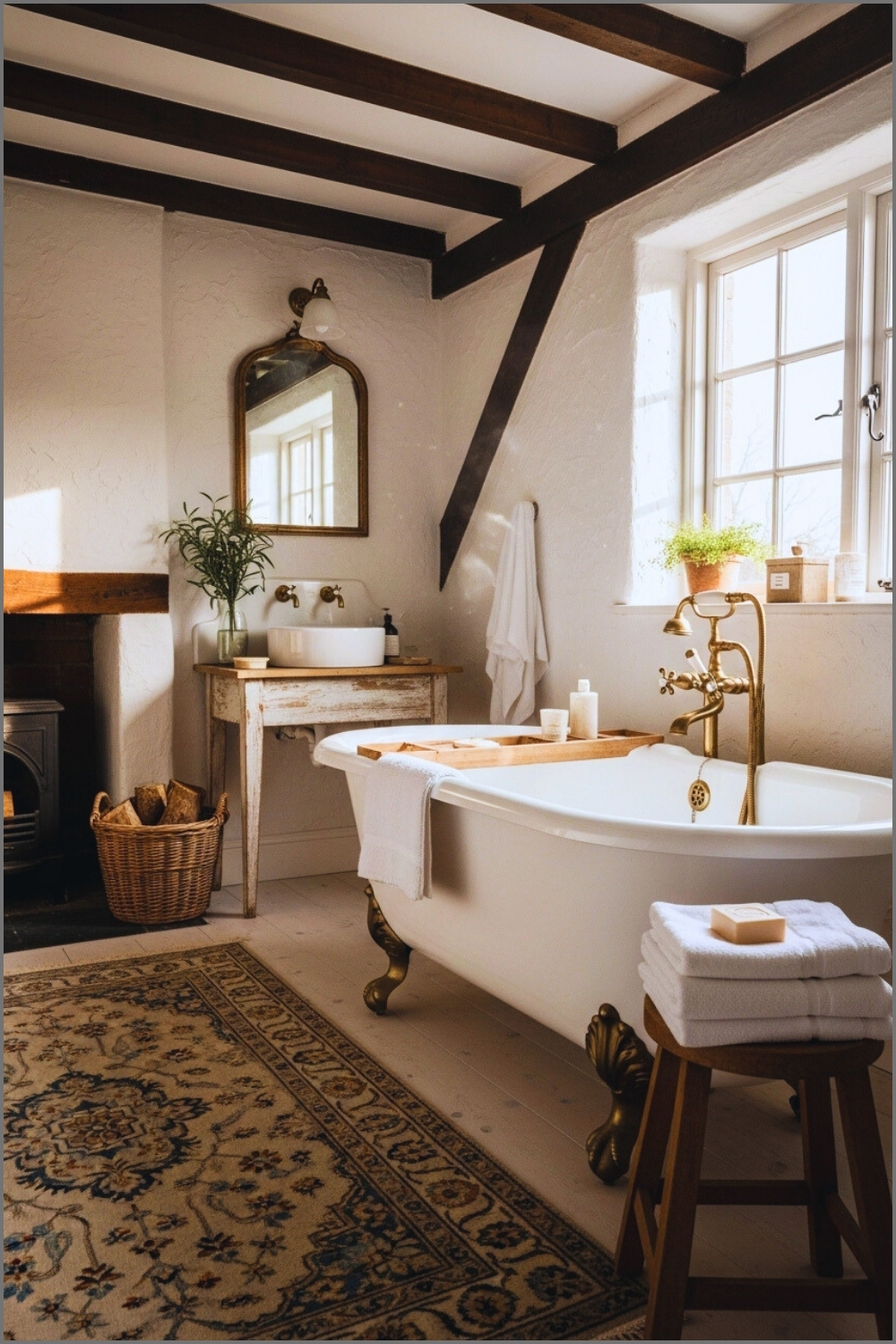Rustic Farmhouse Bathroom, White Clawfoot Bathtub, Wooden Beams