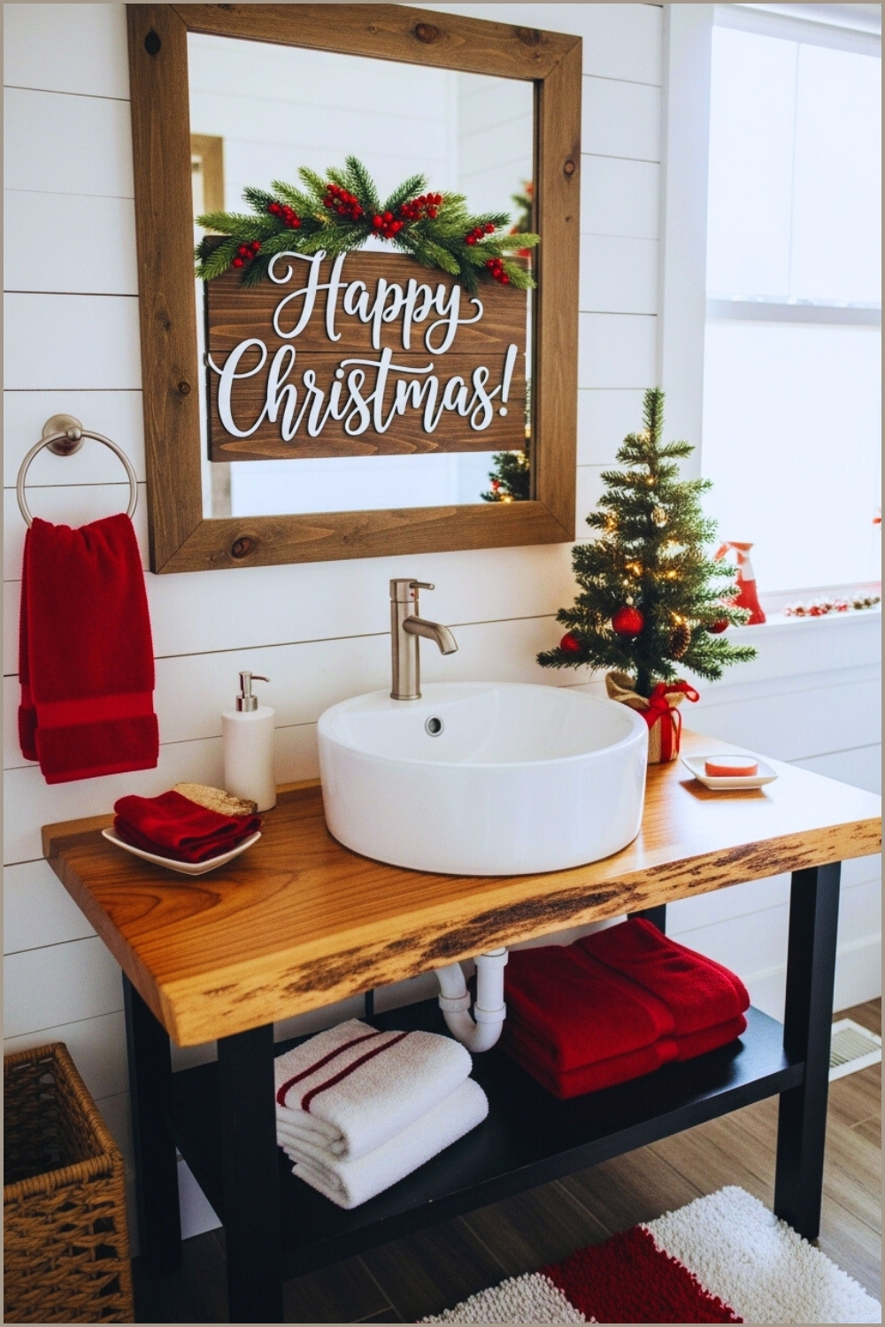 Rustic Farmhouse Bathroom With A Round White Vessel Sink On A Natural Wood