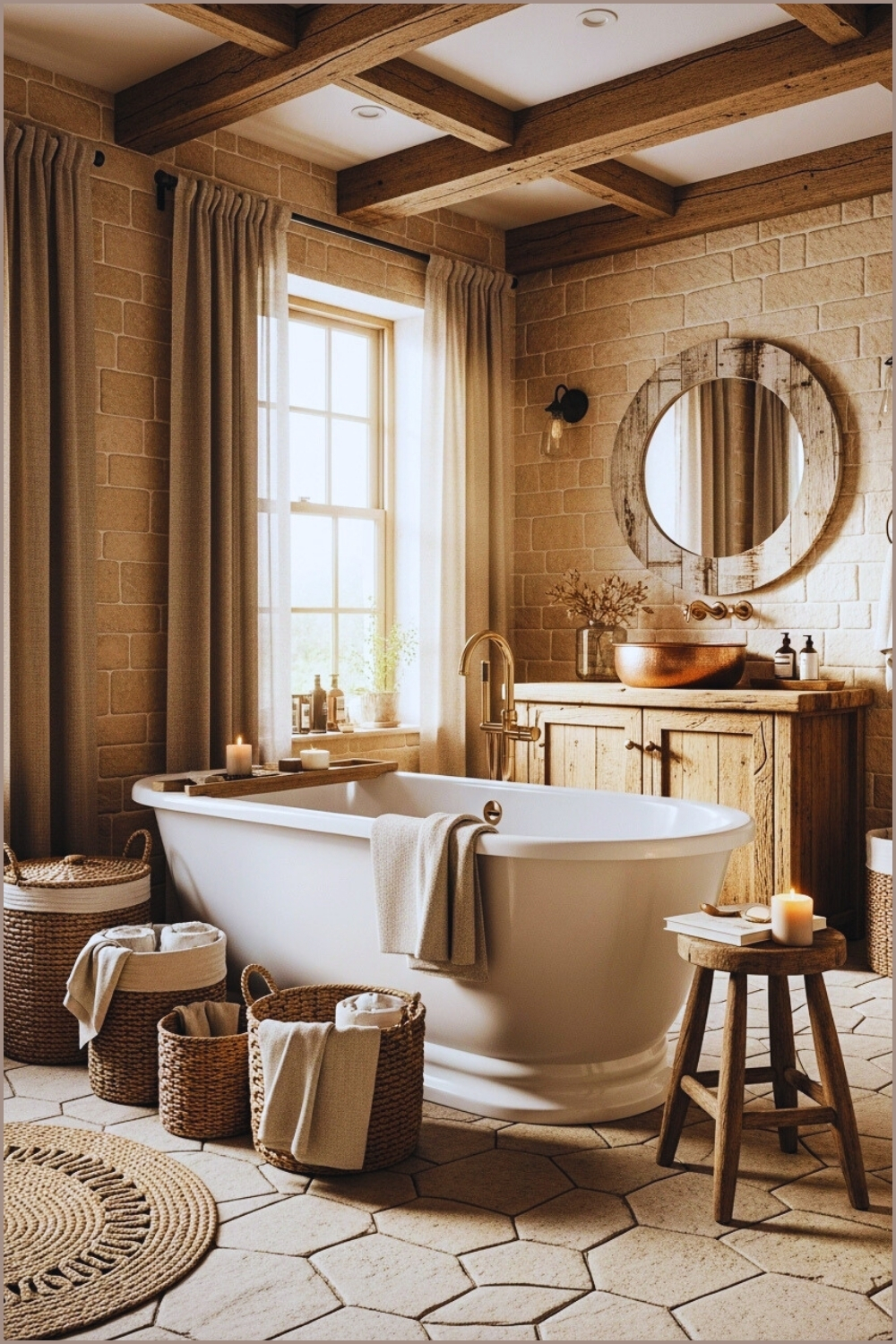 Rustic Farmhouse Bathroom With Natural Stone Tiles, Warm Beige Tones