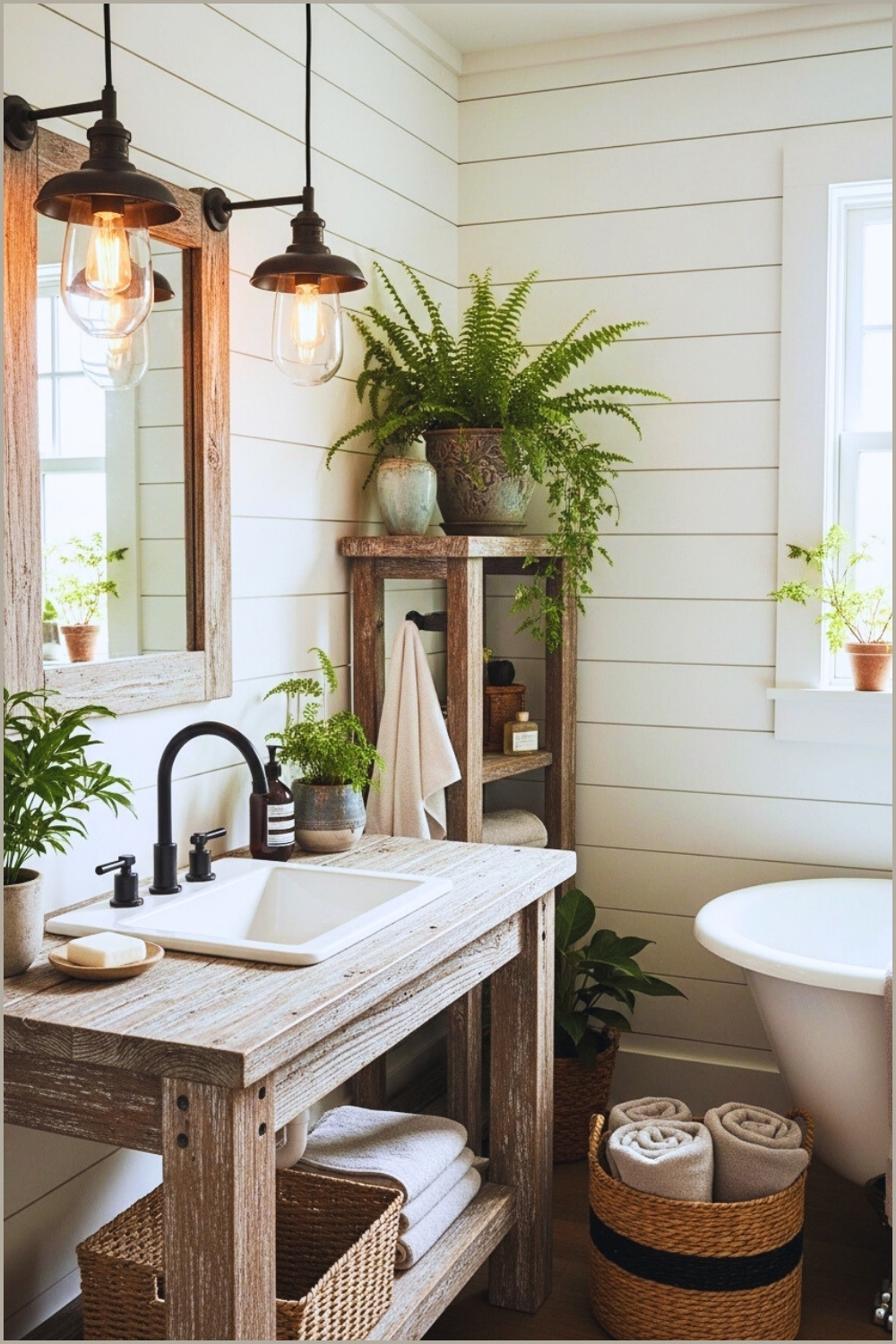 Rustic Farmhouse Bathroom With White Shiplap Walls