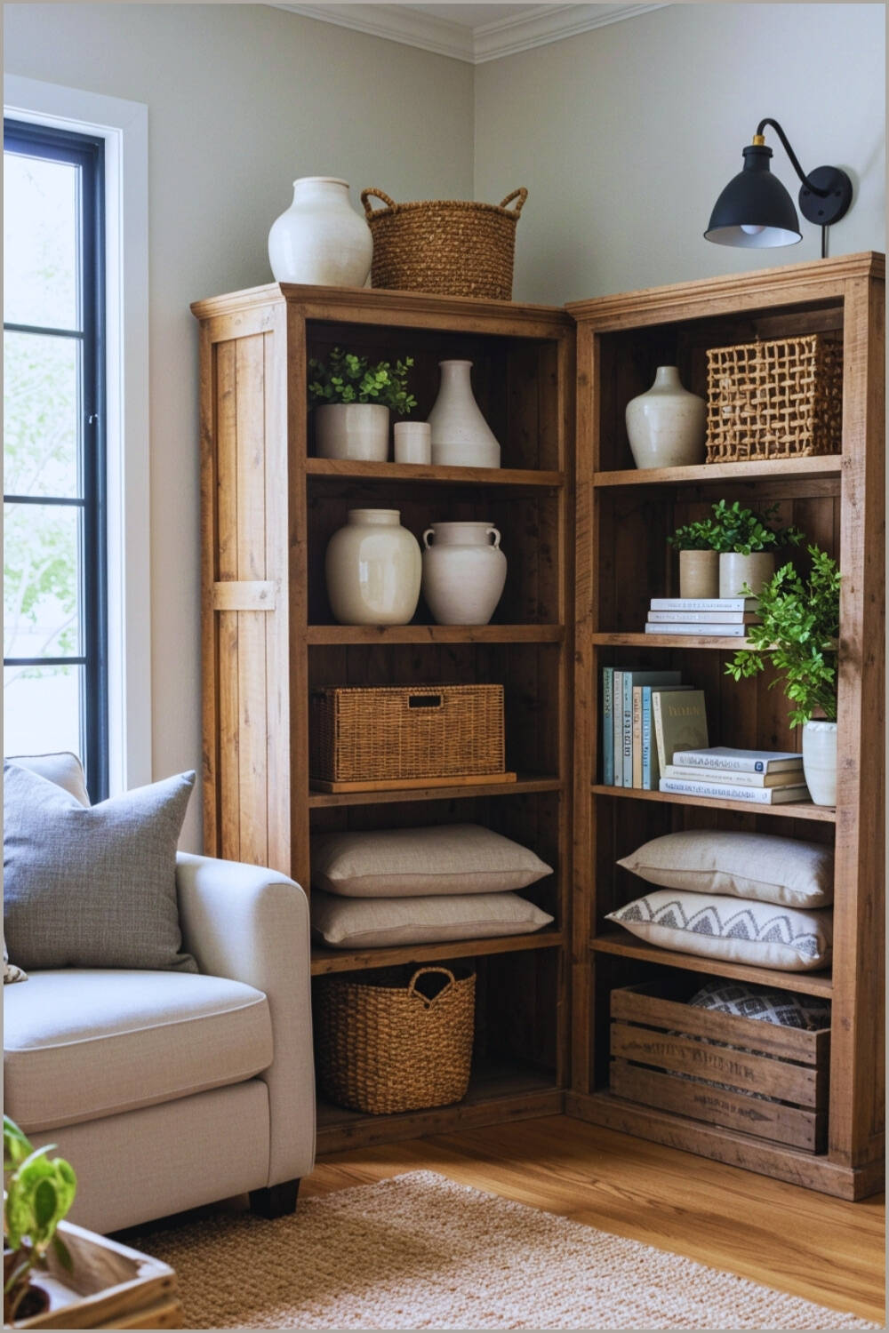Rustic Farmhouse Living Room Corner Wooden Shelving