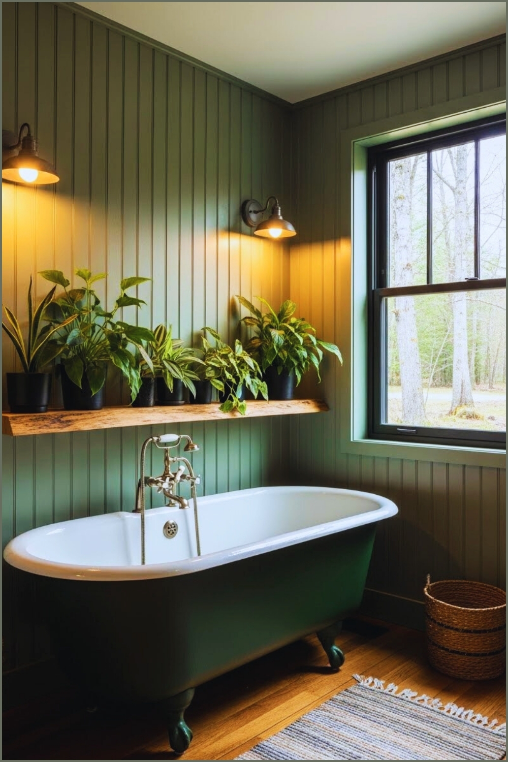 Rustic Forest-green Bathroom With Vertical Wood Panel Walls