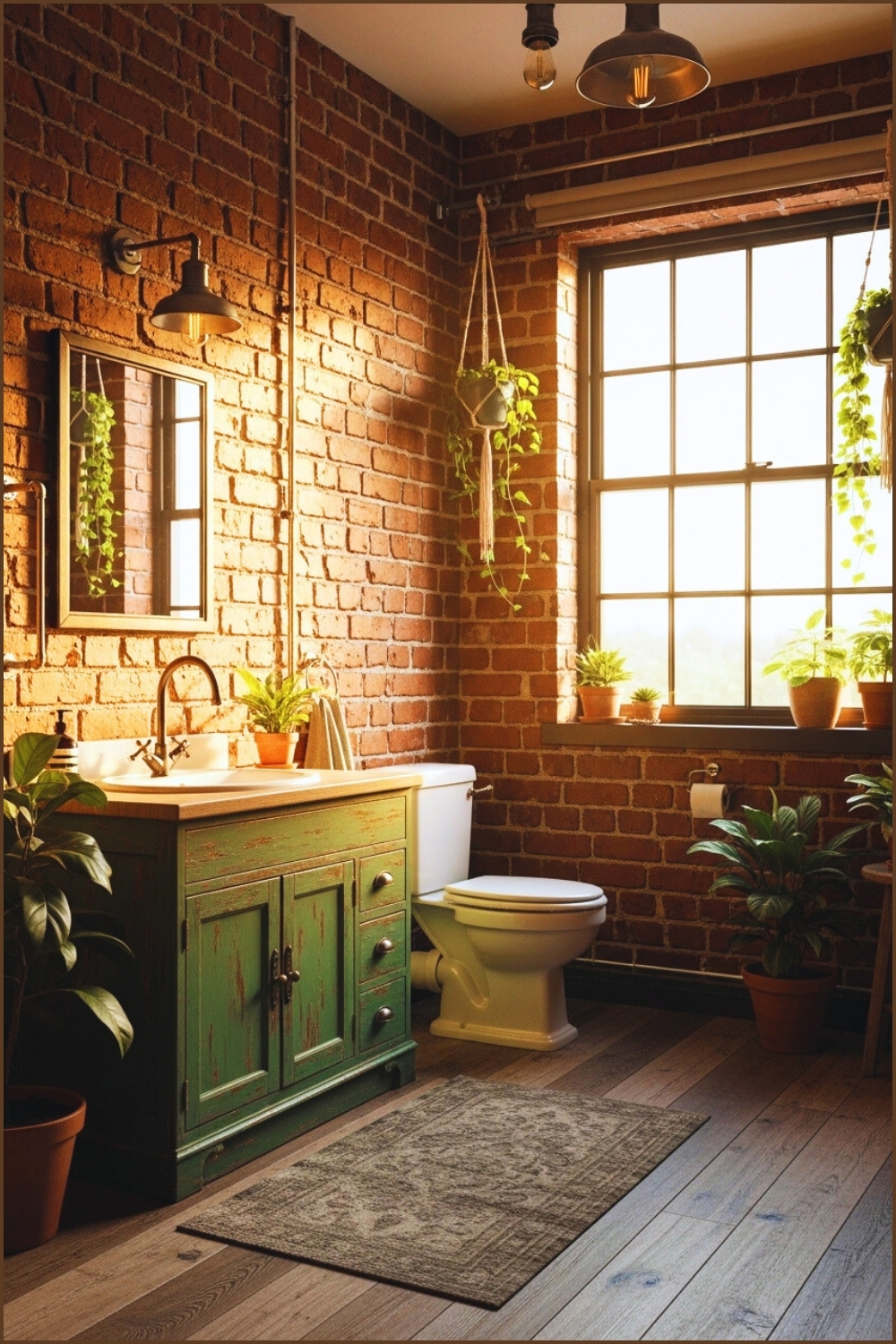 Rustic Industrial Bathroom With Exposed Red Brick Walls