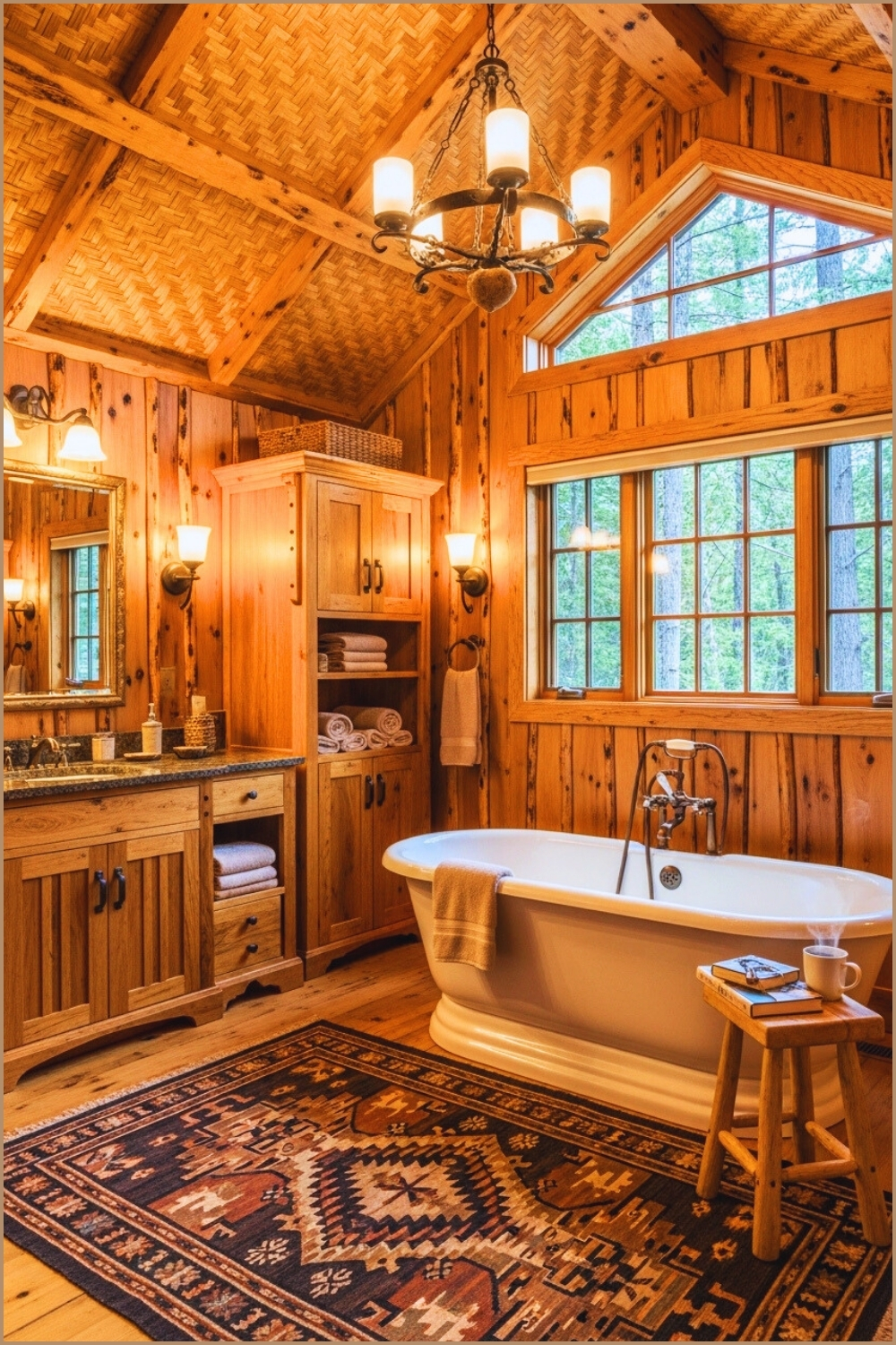 Rustic Lodge-style Bathroom, Woven Wooden Ceiling, Warm Wood Textures