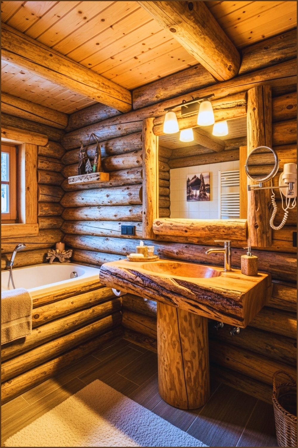 Rustic Log Cabin Bathroom, Natural Wooden Logs And Beams