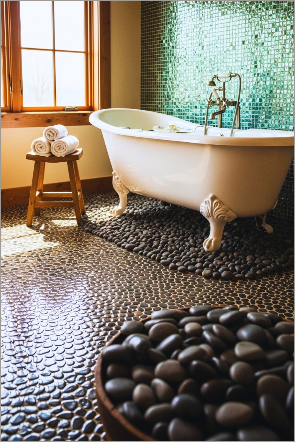 Rustic Luxury Bathroom, Glossy River Rock Pebble Flooring