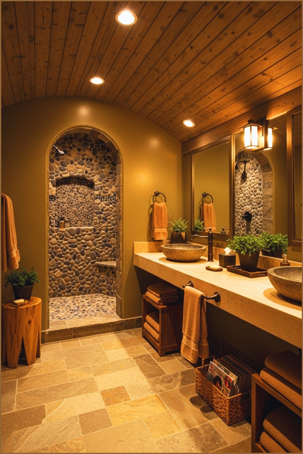 Rustic Luxury Bathroom In Olive Green, Natural Stone Floor Tiles