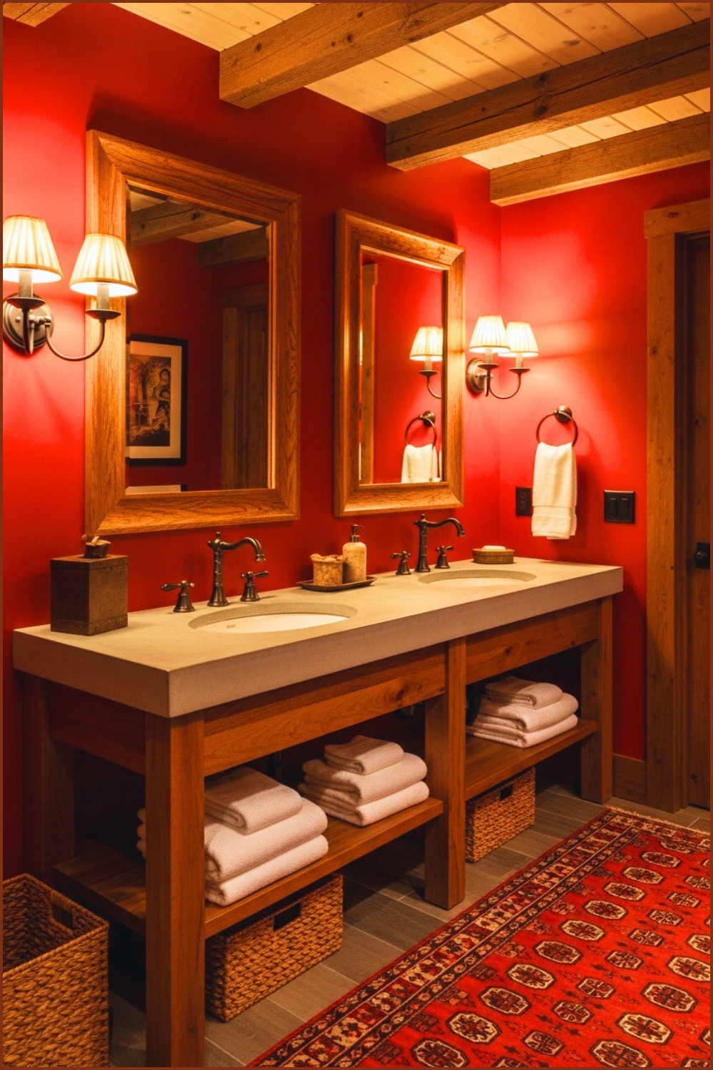 Rustic Luxury Bathroom Interior With Deep Red Walls