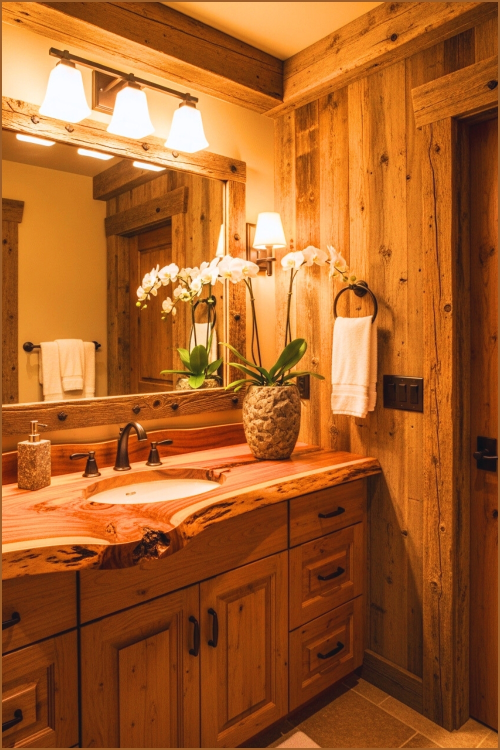 Rustic Luxury Bathroom With A Live Edge Wood Countertop