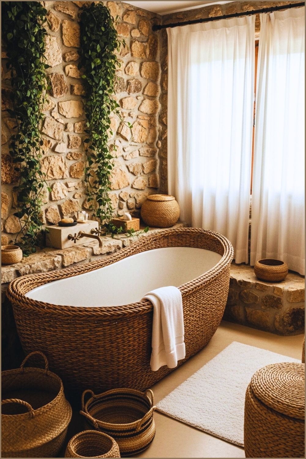 Rustic Mediterranean Bathroom With Natural Stone Walls