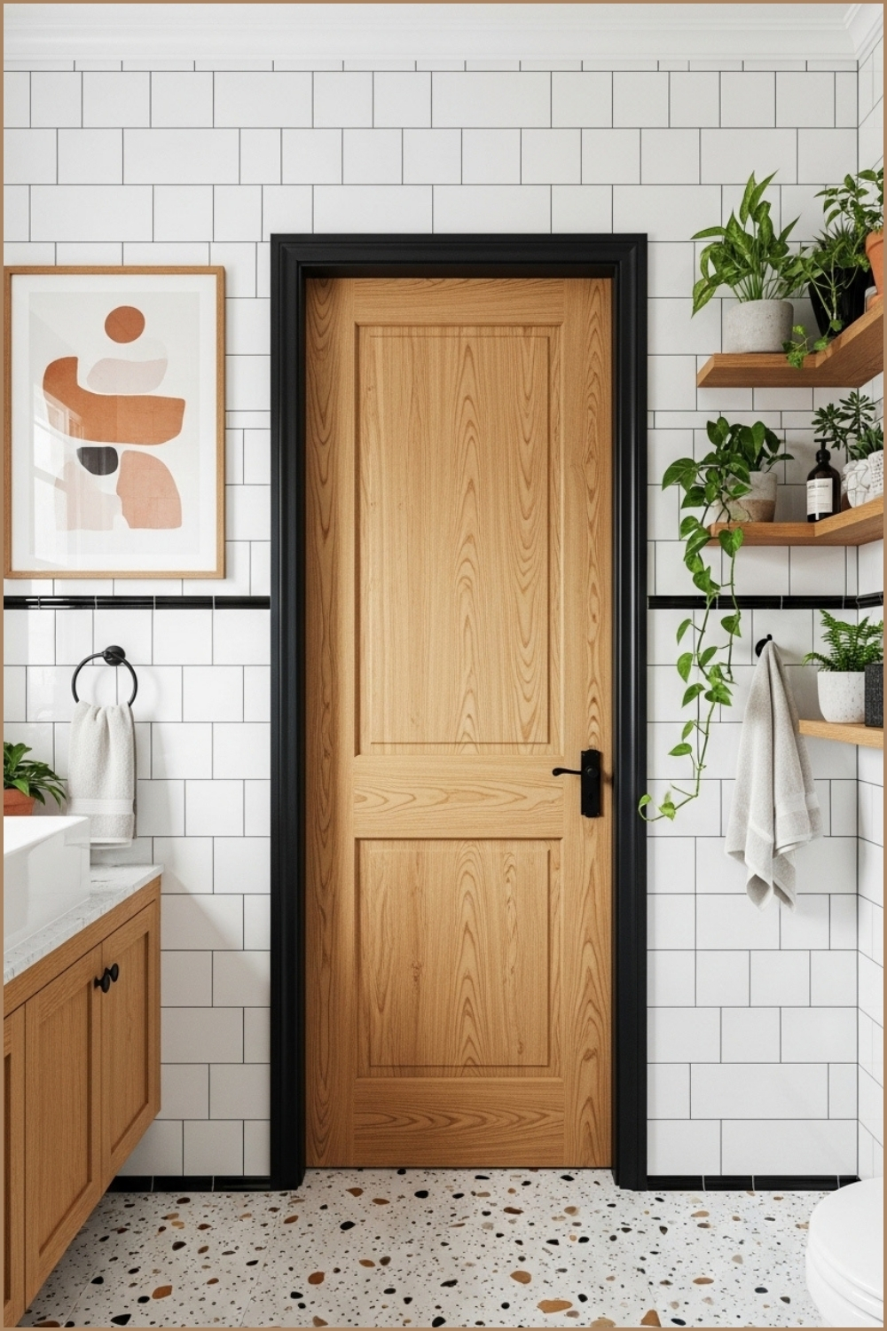 Rustic Modern Bathroom With Wood Door, White Square Tiles