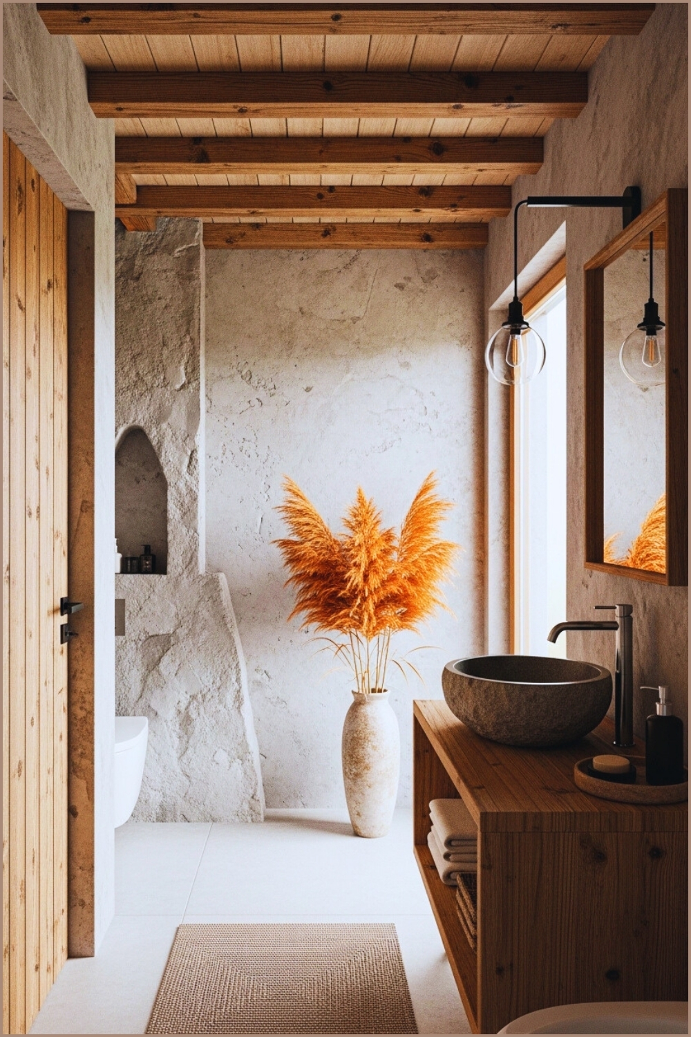 Rustic Modern Bathroom, Wooden Beams On Ceiling